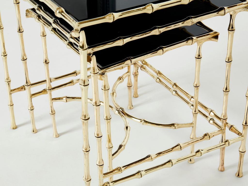 French Maison Baguès bamboo brass black top nesting tables 1960s