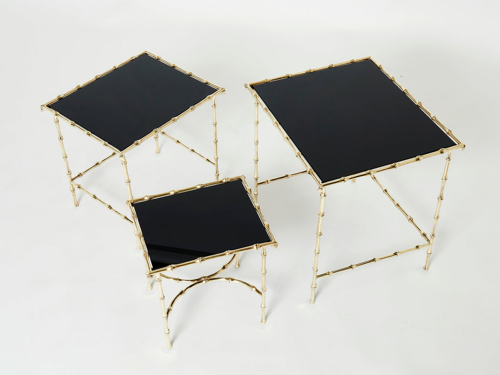French Maison Baguès bamboo brass black top nesting tables 1960s