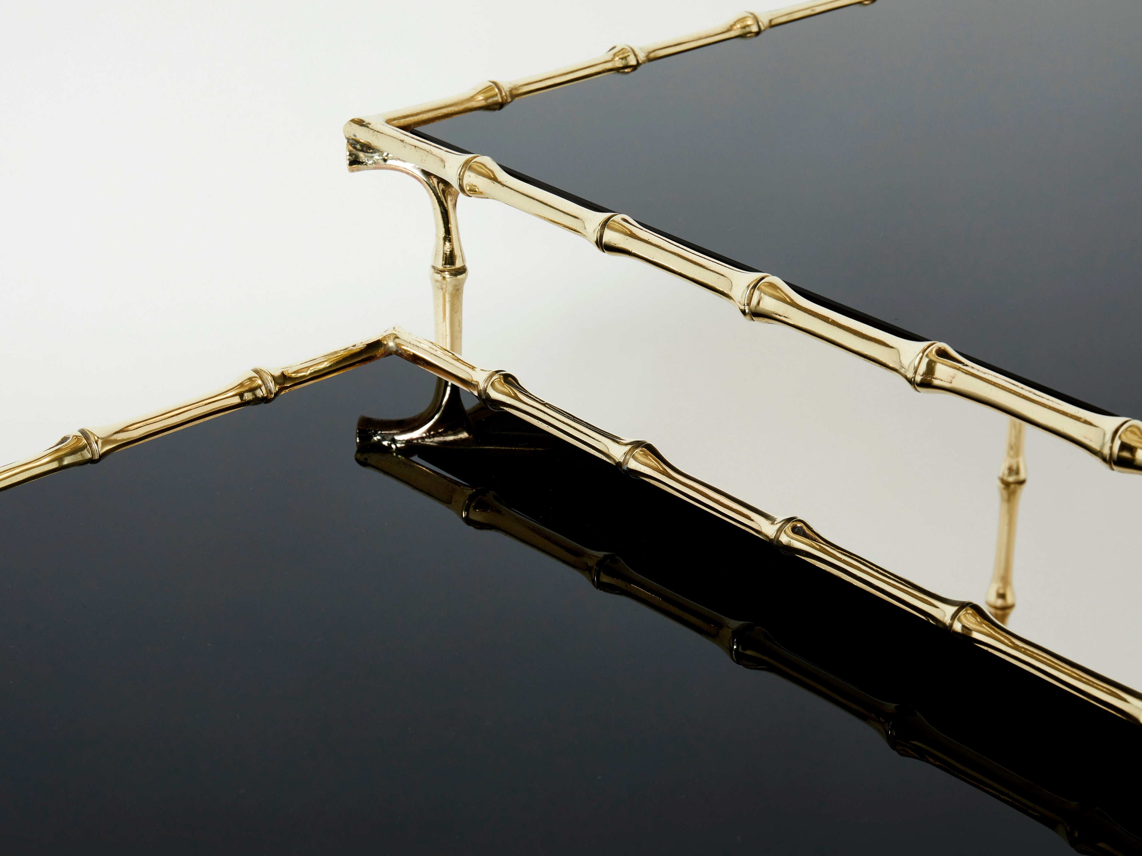 French Maison Baguès bamboo brass black top nesting tables 1960s