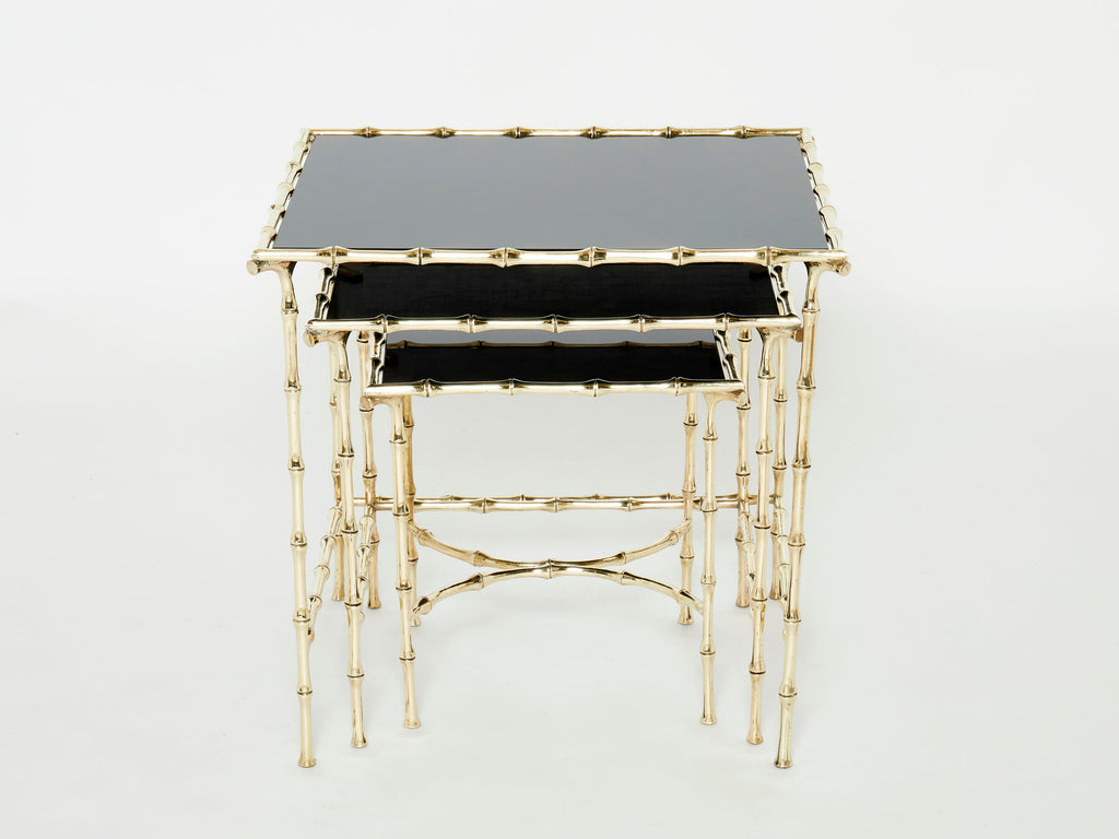 French Maison Baguès bamboo brass black top nesting tables 1960s