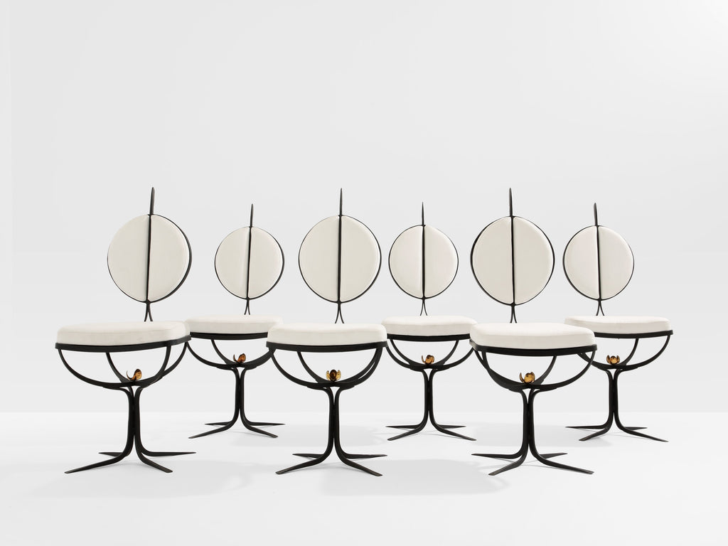 French brutalist wrought iron alcantara set of 6 chairs 1990