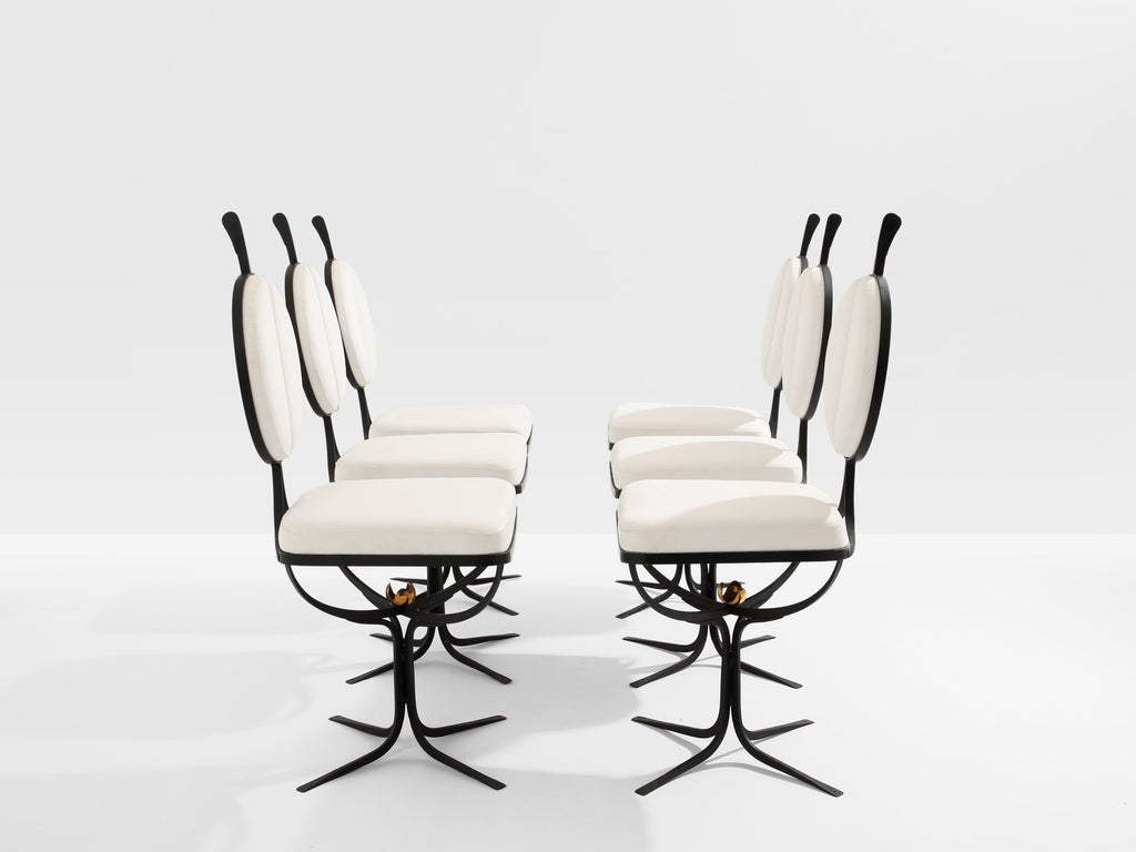 French brutalist wrought iron alcantara set of 6 chairs 1990