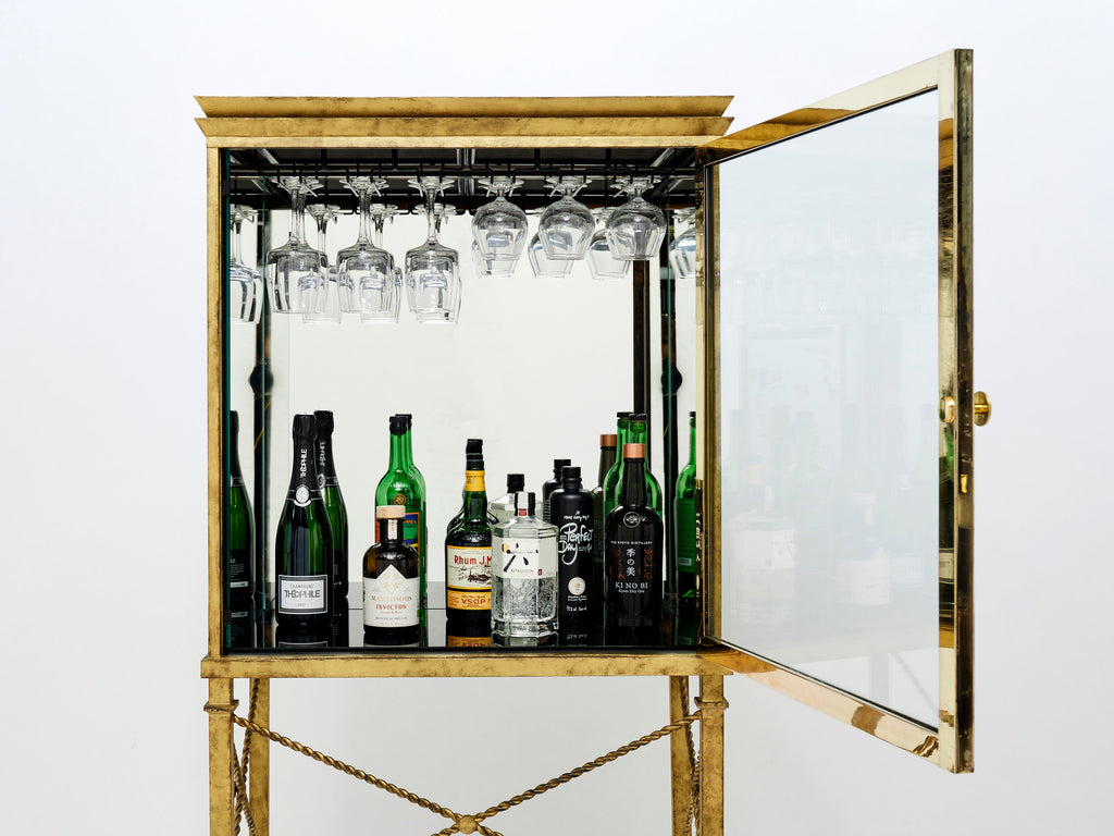 French gilded iron mirrored and brass bar cabinet vitrine 1920s