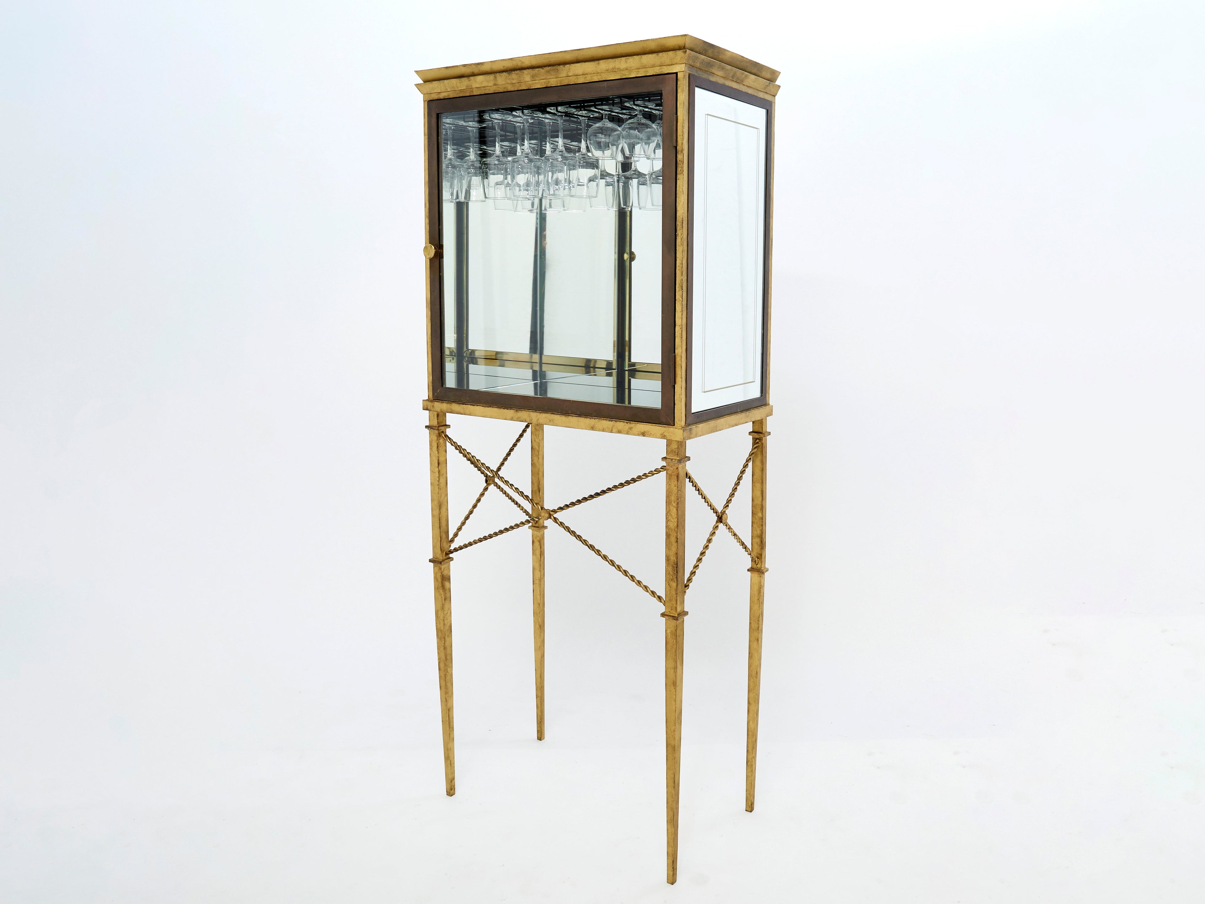 French gilded iron mirrored and brass bar cabinet vitrine 1920s