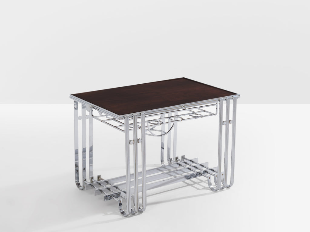 French modernist walnut boat bar table nickel-plated 1930s