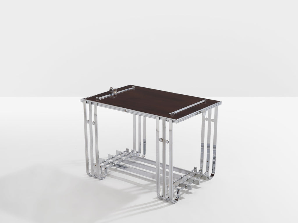 French modernist walnut boat bar table nickel-plated 1930s