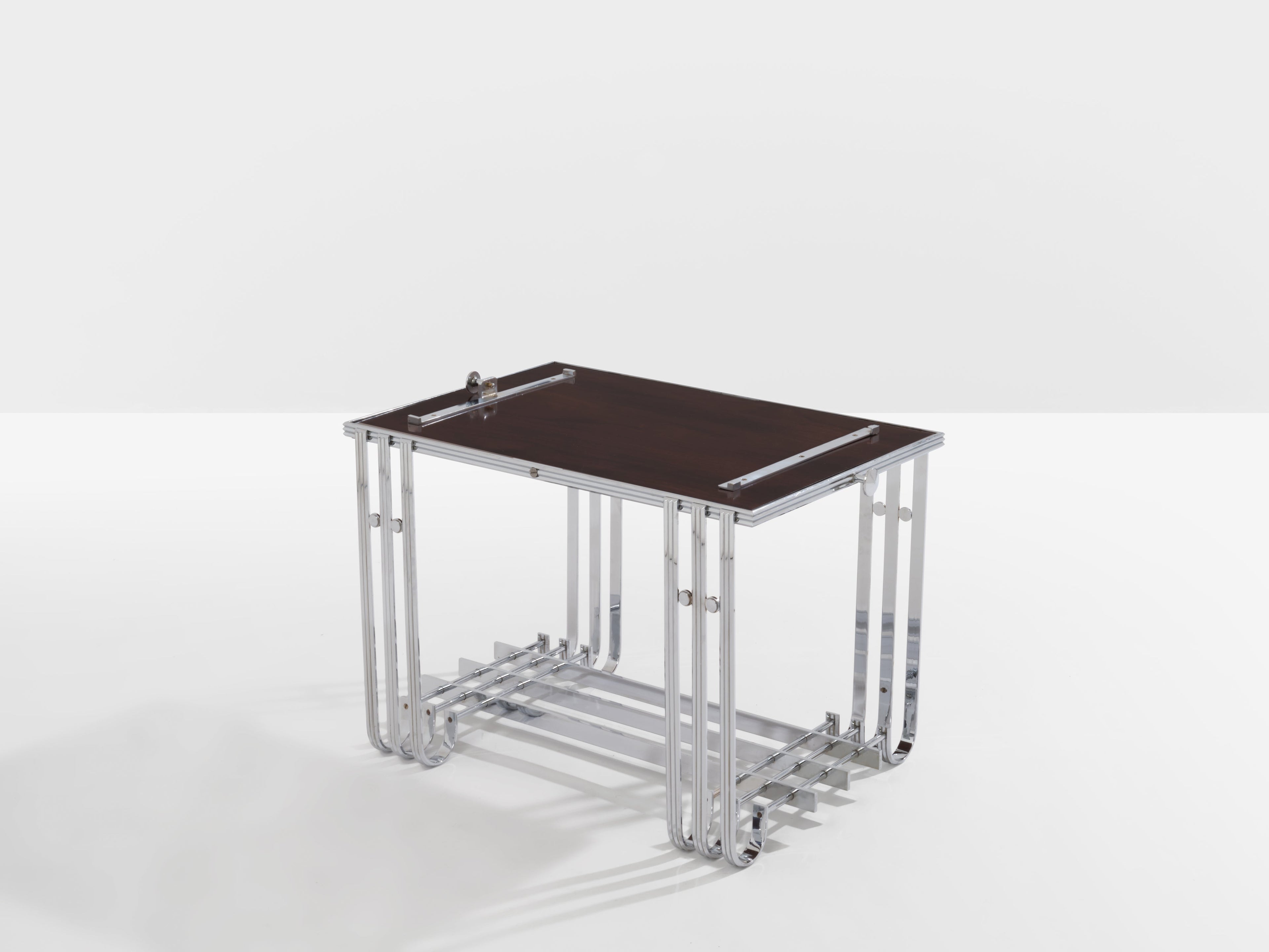 French modernist walnut boat bar table nickel-plated 1930s