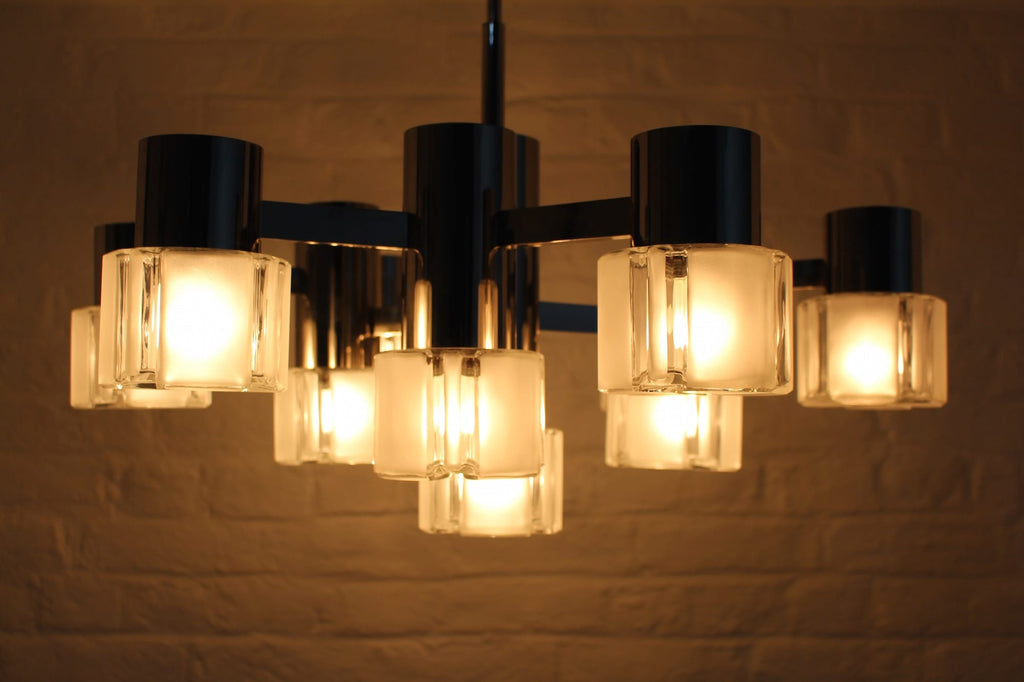 Italian Gaetano Sciolari for Mazzega chandelier chrome glass 1970s