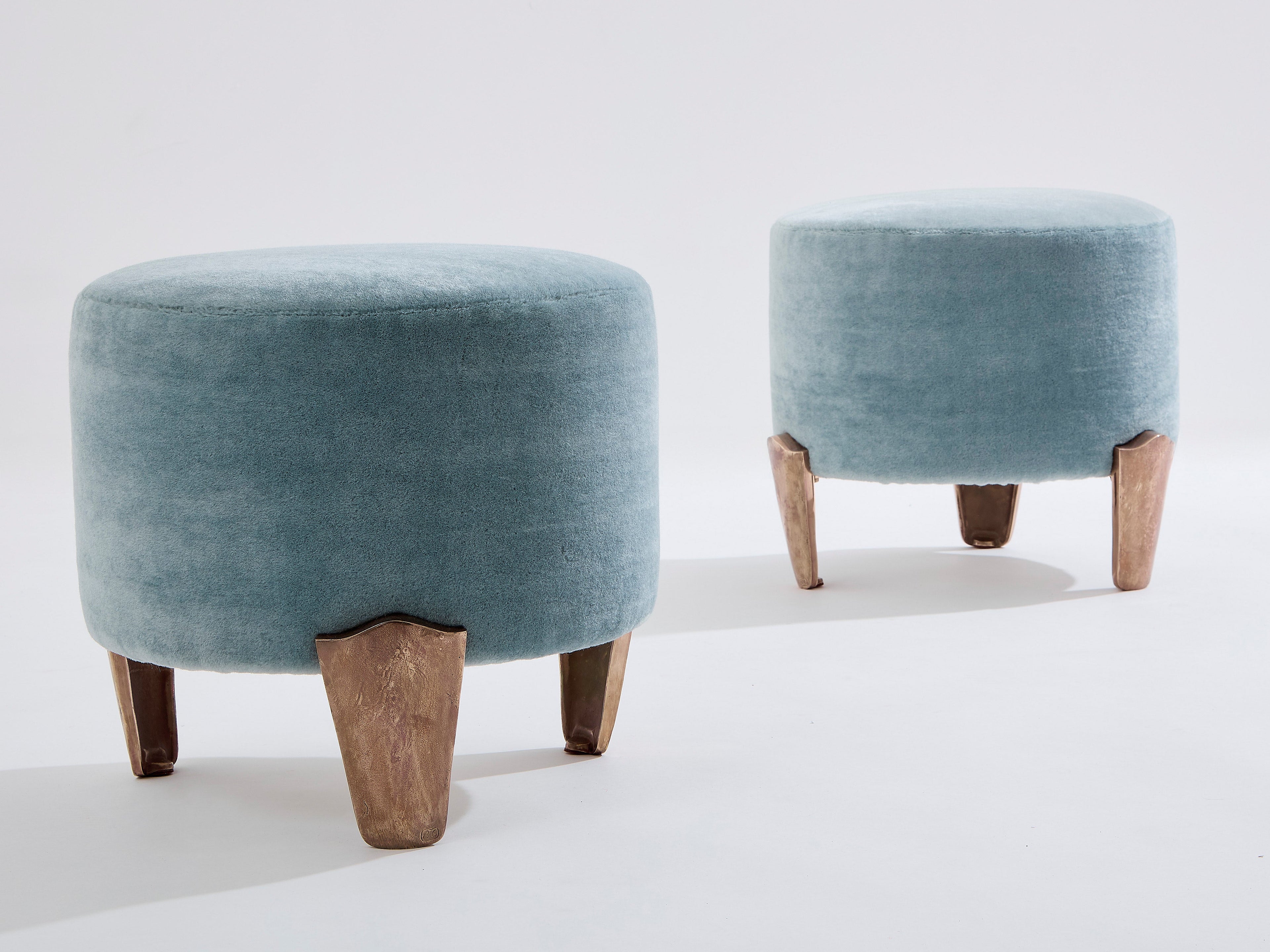 Pair of stools Garouste & Bonetti Koala bronze mohair velvet 1995