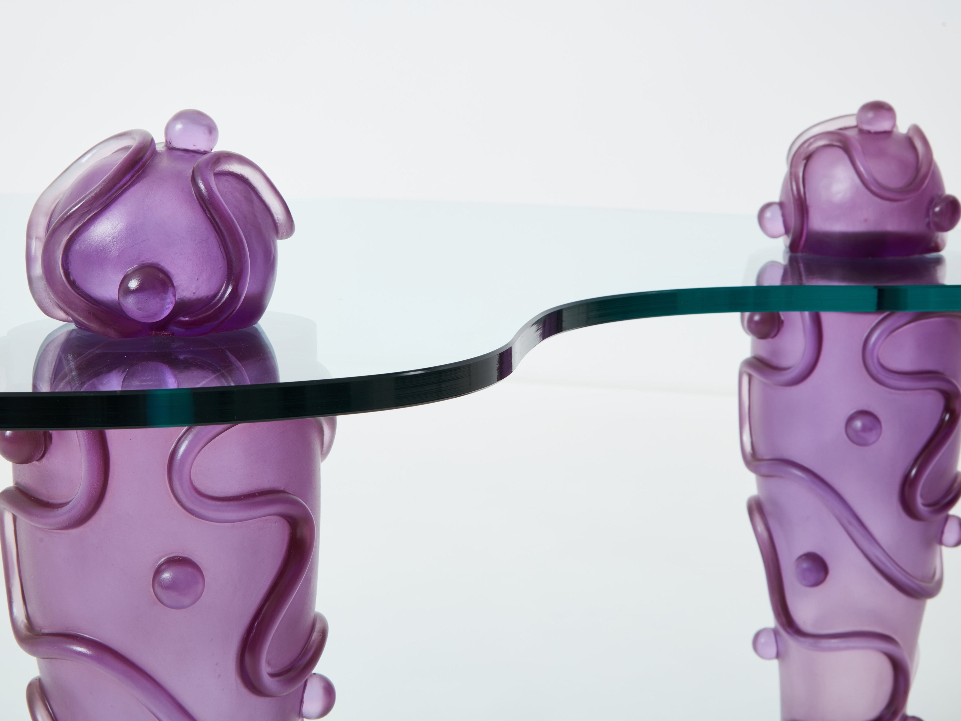 Large signed purple resin glass coffee table Garouste & Bonetti 1990s