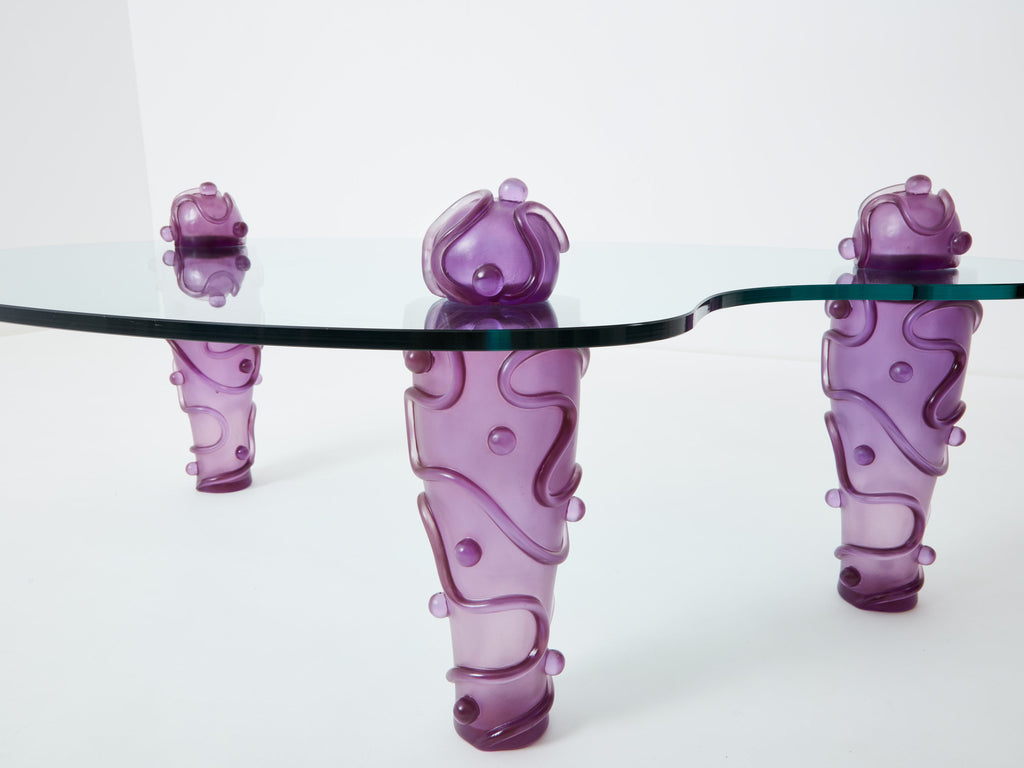 Large signed purple resin glass coffee table Garouste & Bonetti 1990s