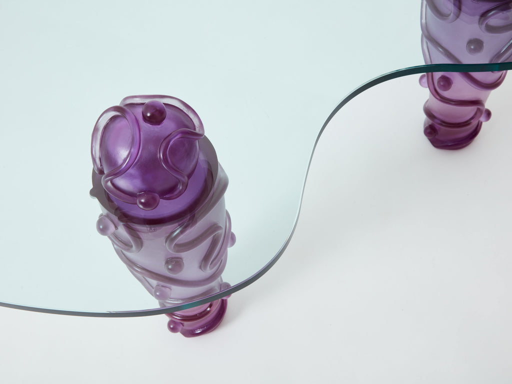 Large signed purple resin glass coffee table Garouste & Bonetti 1990s