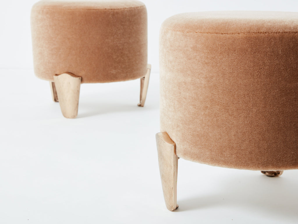 Pair of stools Garouste & Bonetti ‘Koala’ bronze teddy mohair velvet 1995