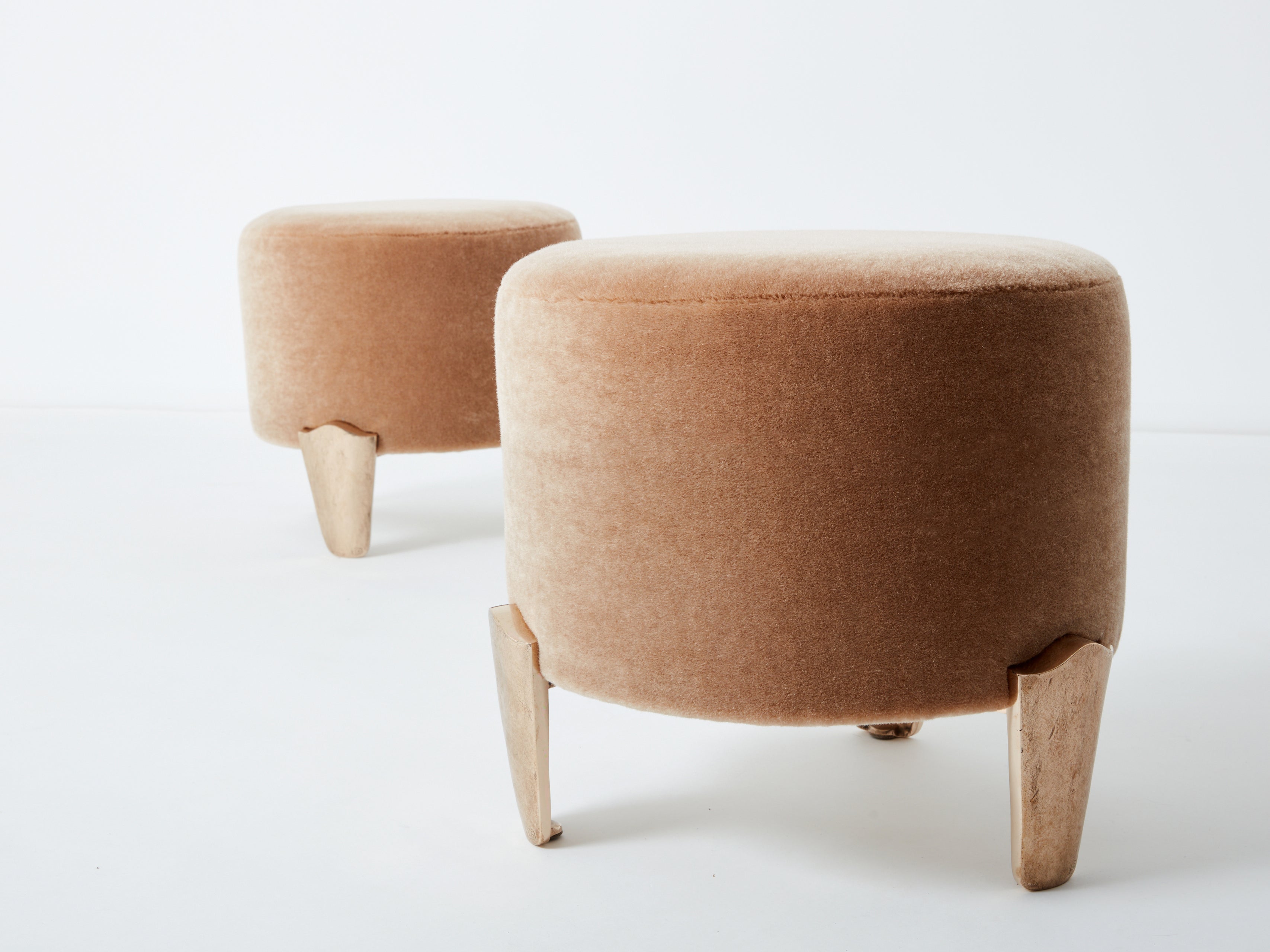 Pair of stools Garouste & Bonetti ‘Koala’ bronze teddy mohair velvet 1995