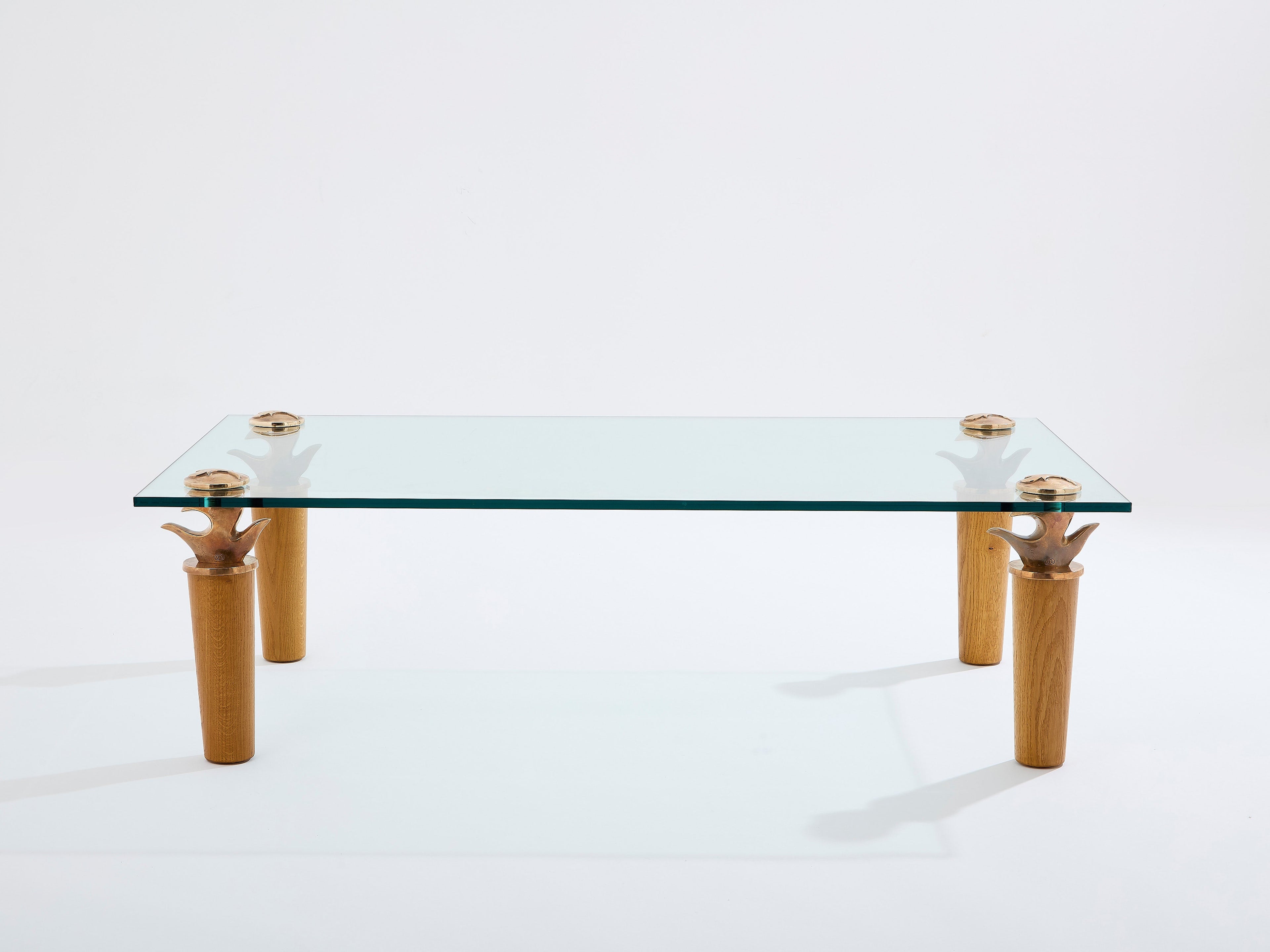 Garouste & Bonetti solid oak and bronze glass coffee table 1995