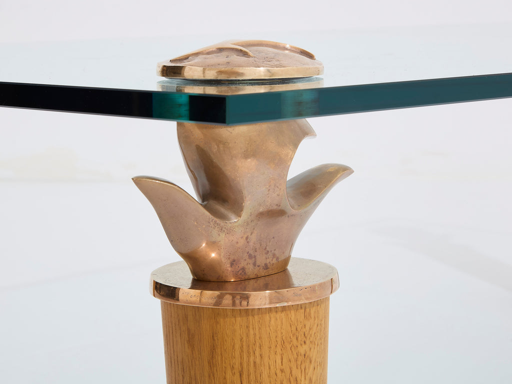 Garouste & Bonetti solid oak and bronze glass coffee table 1995