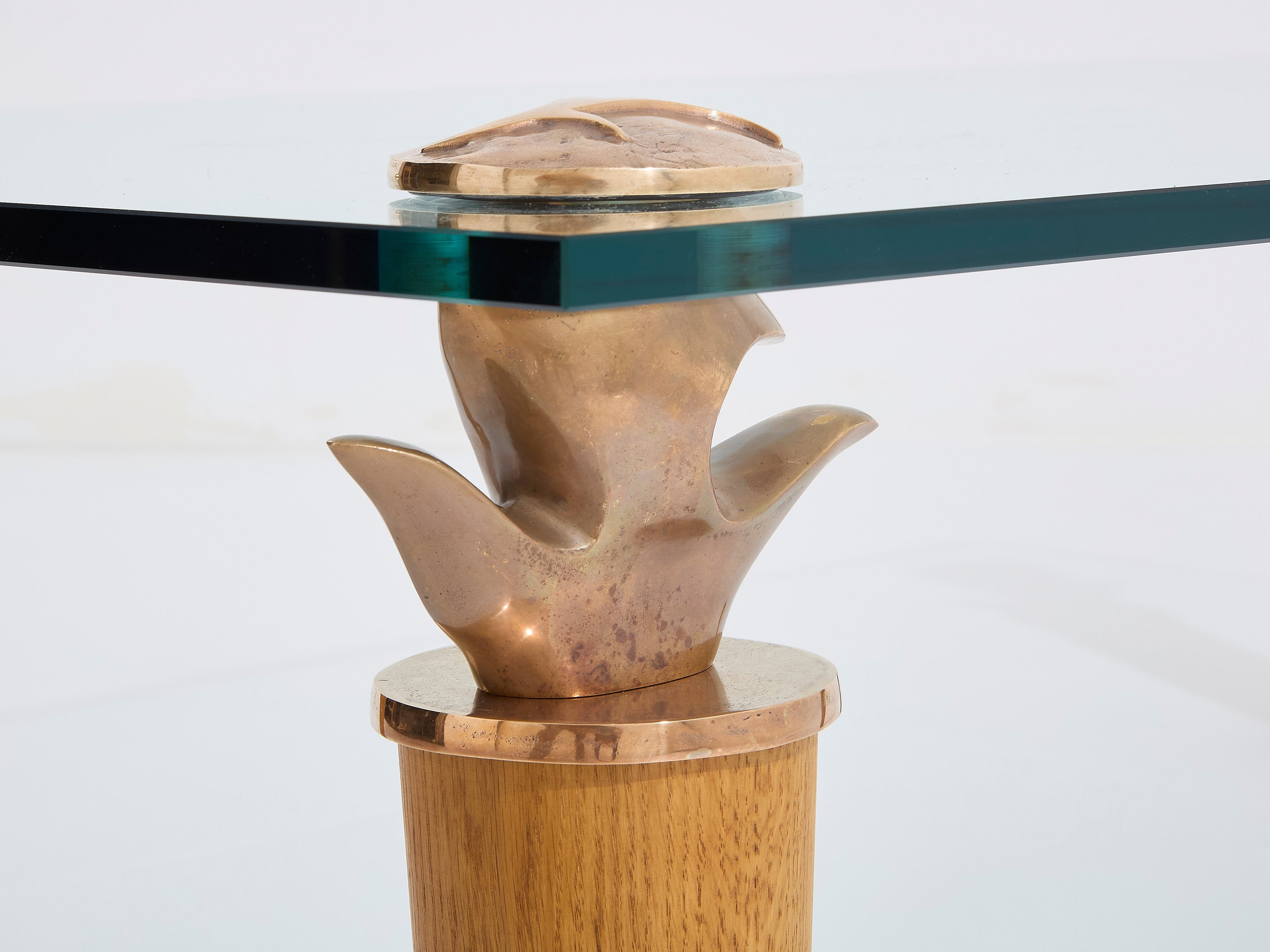 Garouste & Bonetti solid oak and bronze glass coffee table 1995