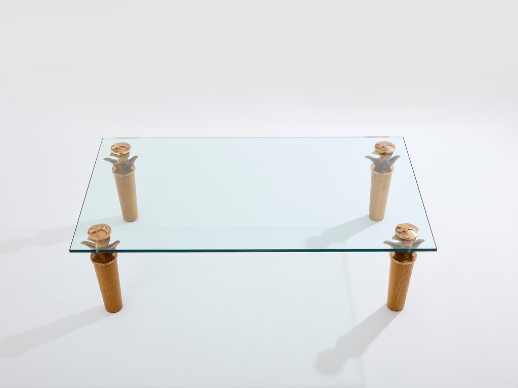 Garouste & Bonetti solid oak and bronze glass coffee table 1995