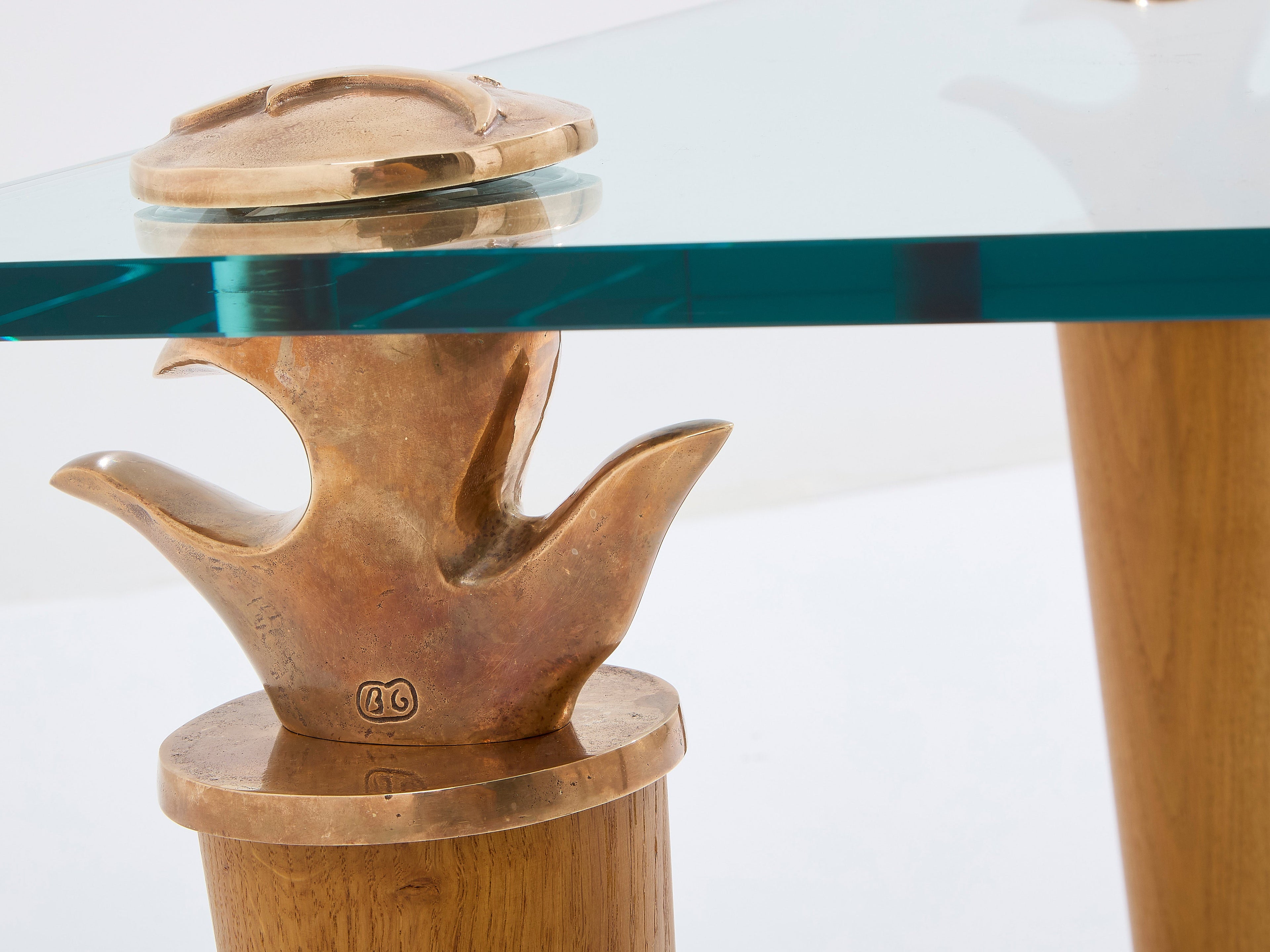Garouste & Bonetti solid oak and bronze glass coffee table 1995
