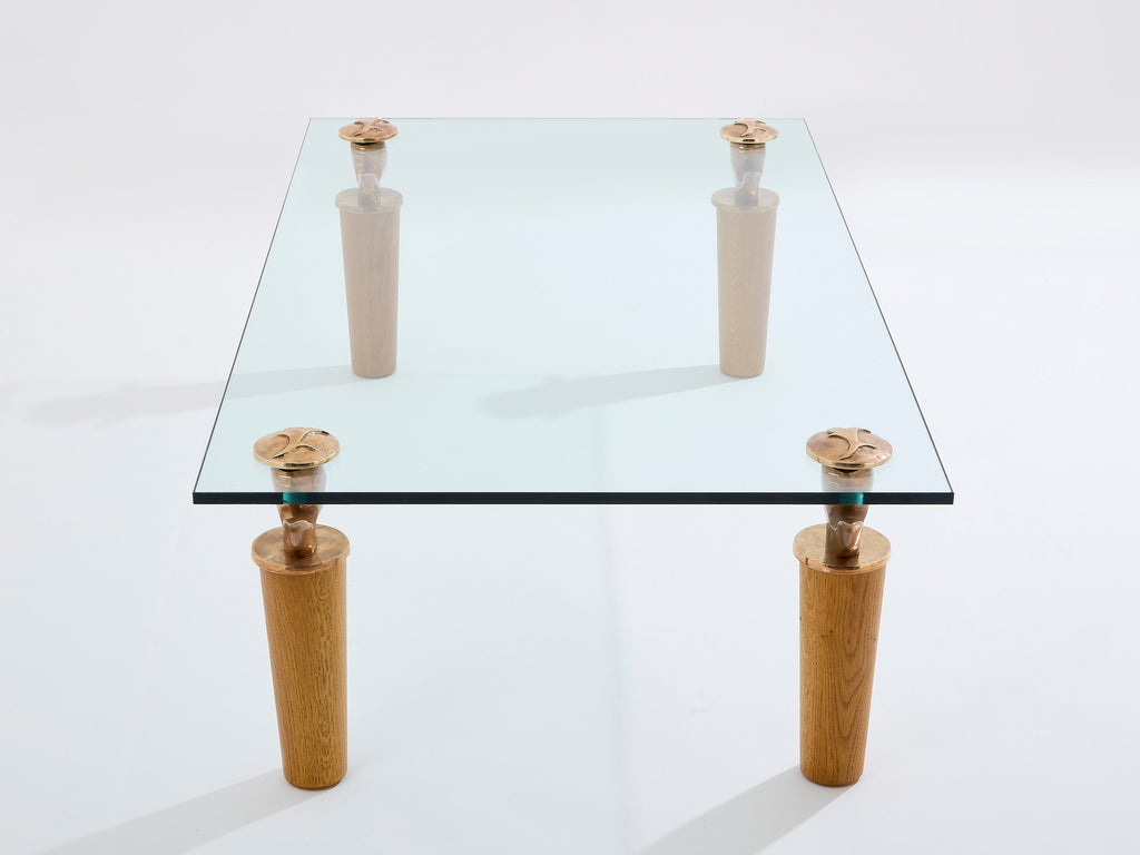 Garouste & Bonetti solid oak and bronze glass coffee table 1995