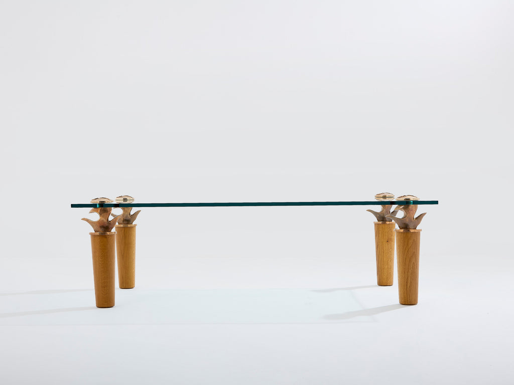 Garouste & Bonetti solid oak and bronze glass coffee table 1995