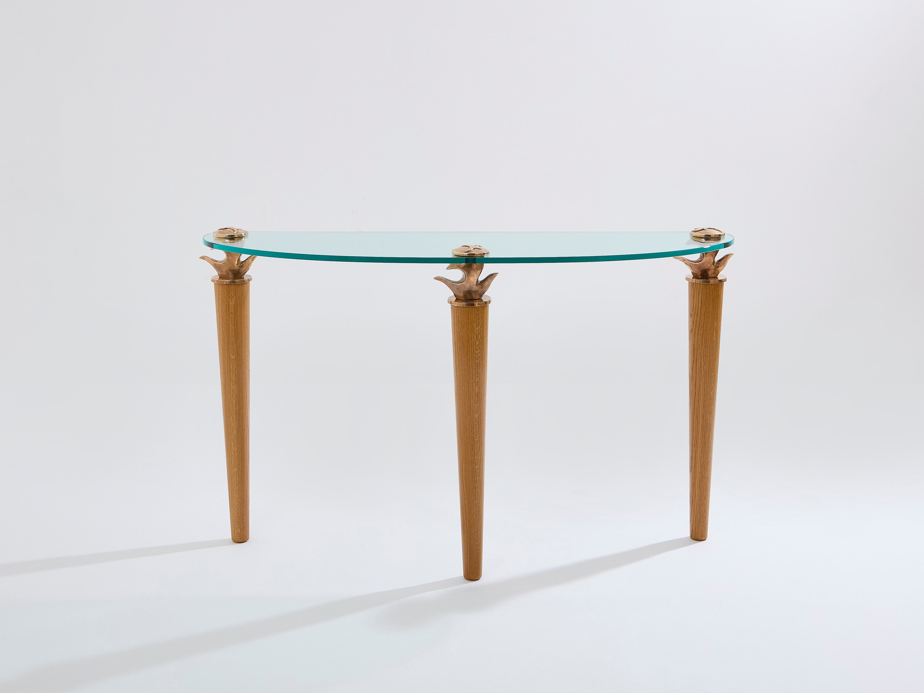 Garouste & Bonetti solid oak and bronze glass console table 1995