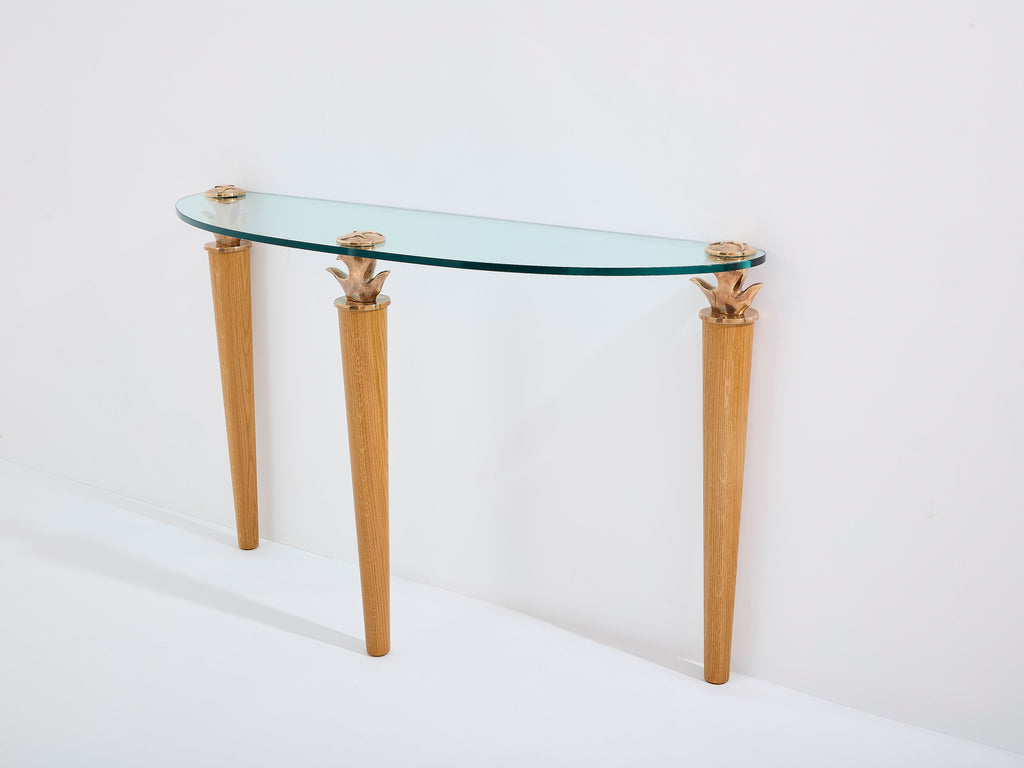 Garouste & Bonetti solid oak and bronze glass console table 1995