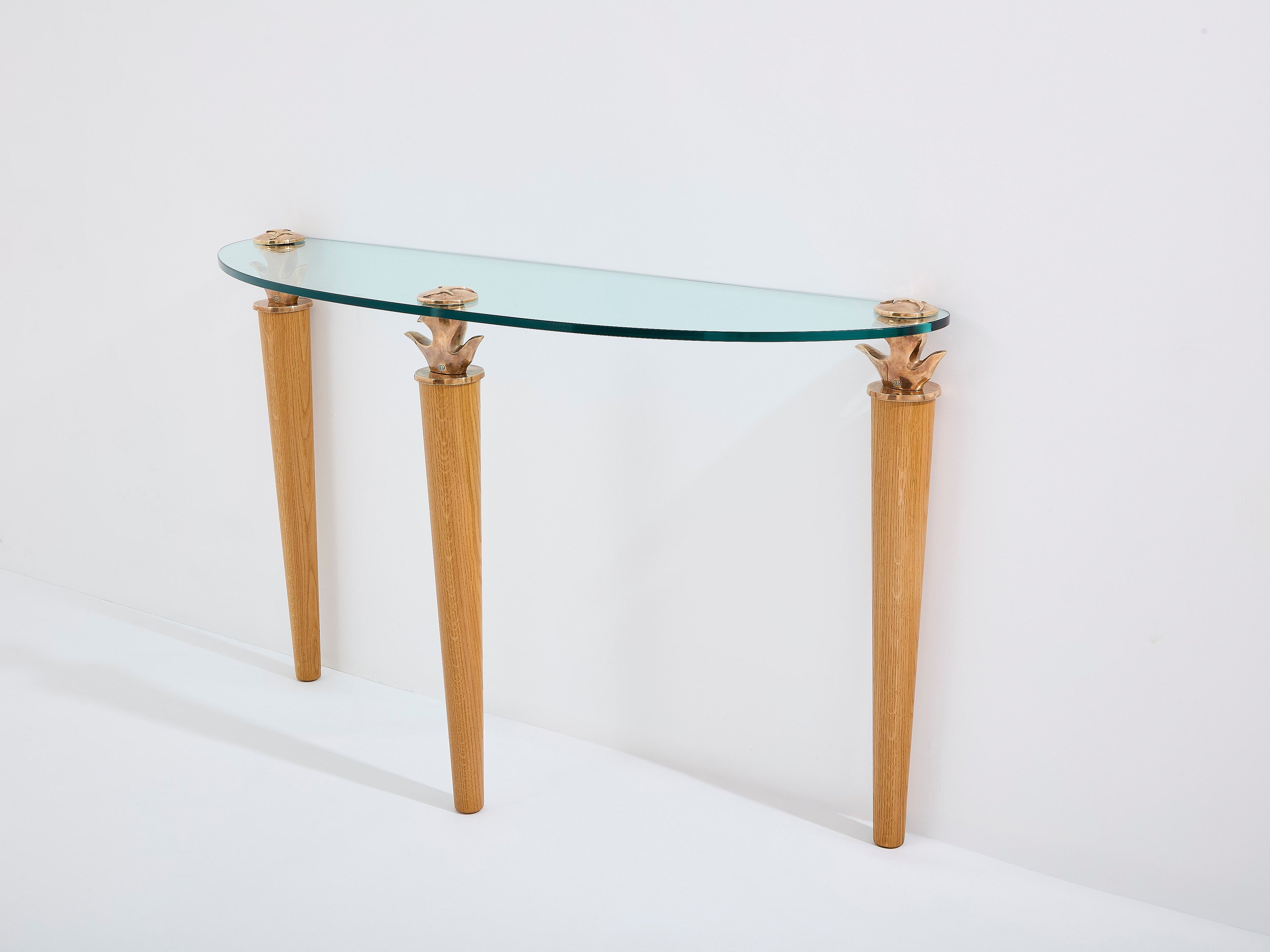 Garouste & Bonetti solid oak and bronze glass console table 1995