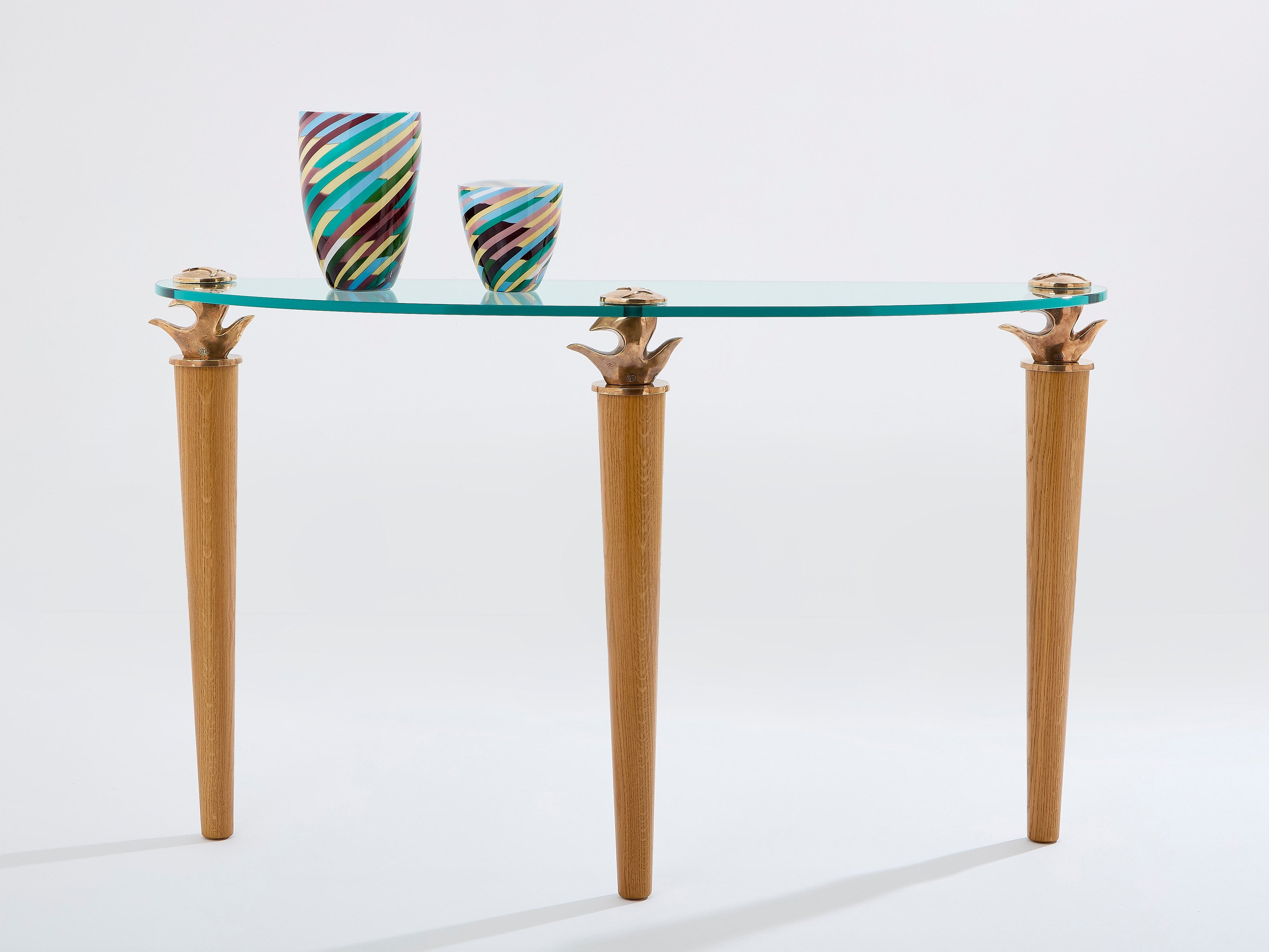 Garouste & Bonetti solid oak and bronze glass console table 1995