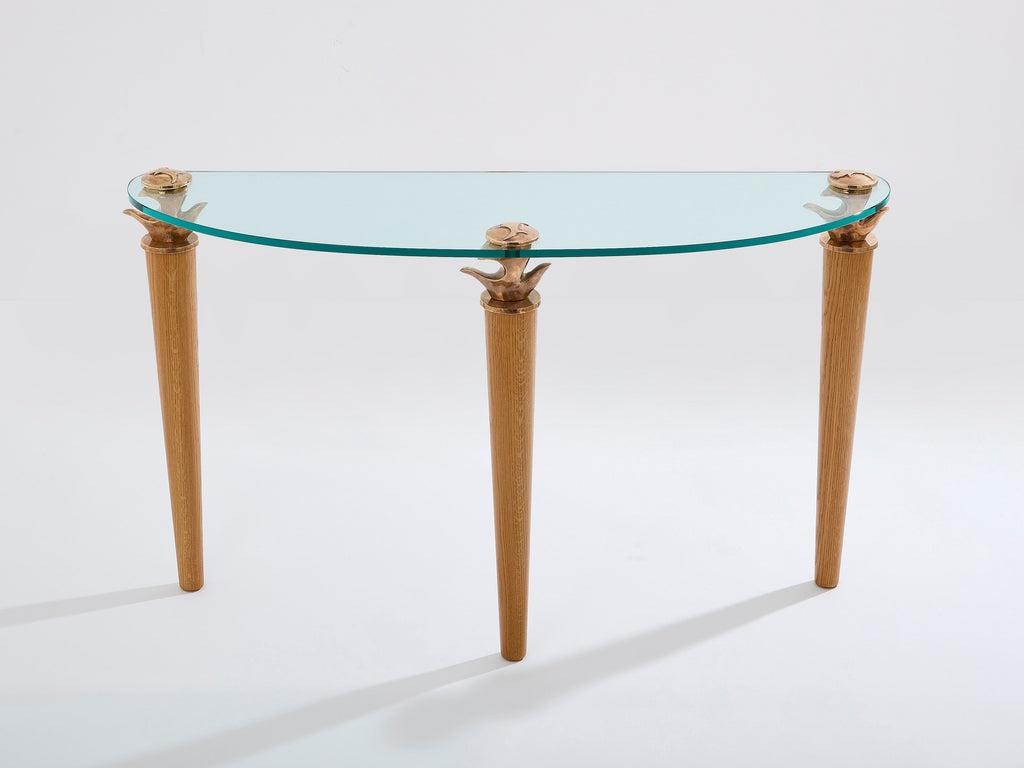 Garouste & Bonetti solid oak and bronze glass console table 1995