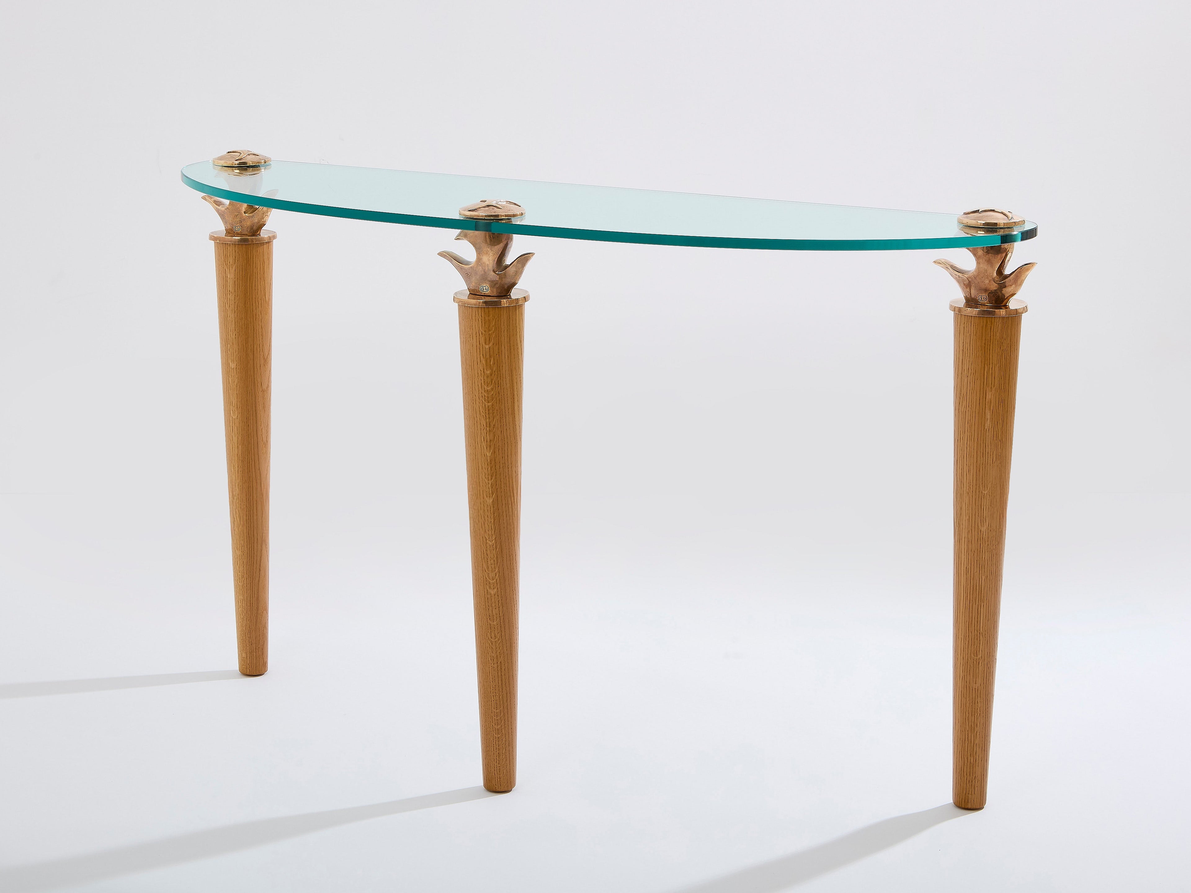 Garouste & Bonetti solid oak and bronze glass console table 1995