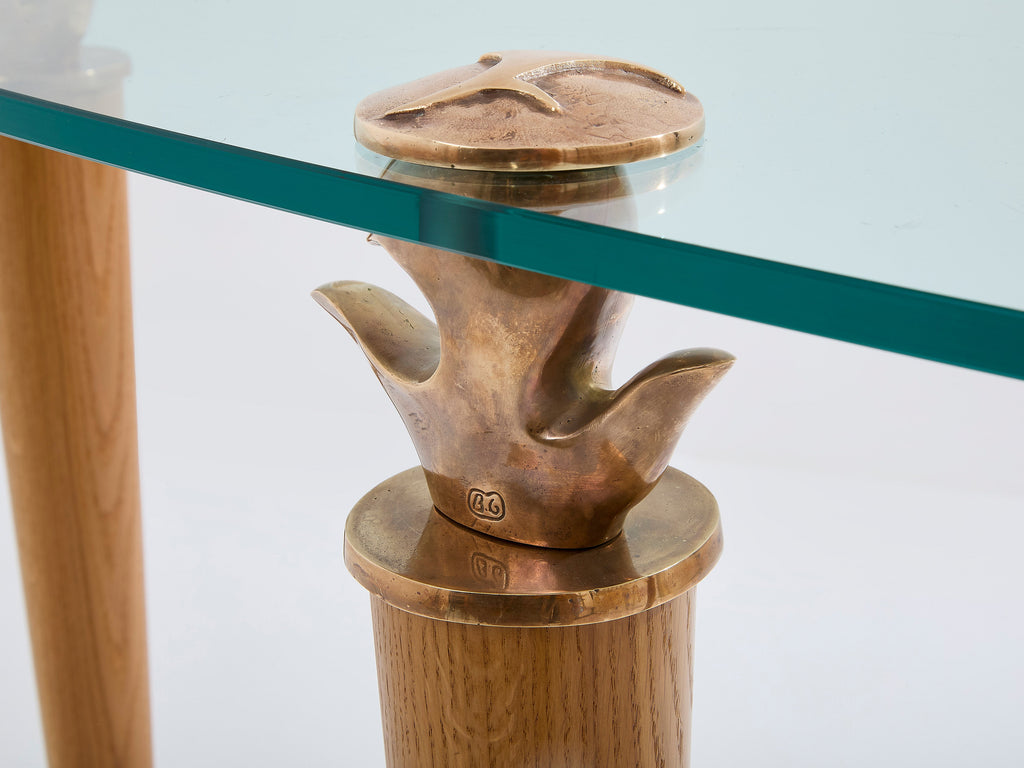 Garouste & Bonetti solid oak and bronze glass console table 1995