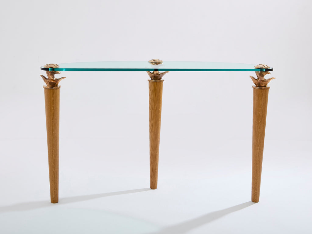 Garouste & Bonetti solid oak and bronze glass console table 1995