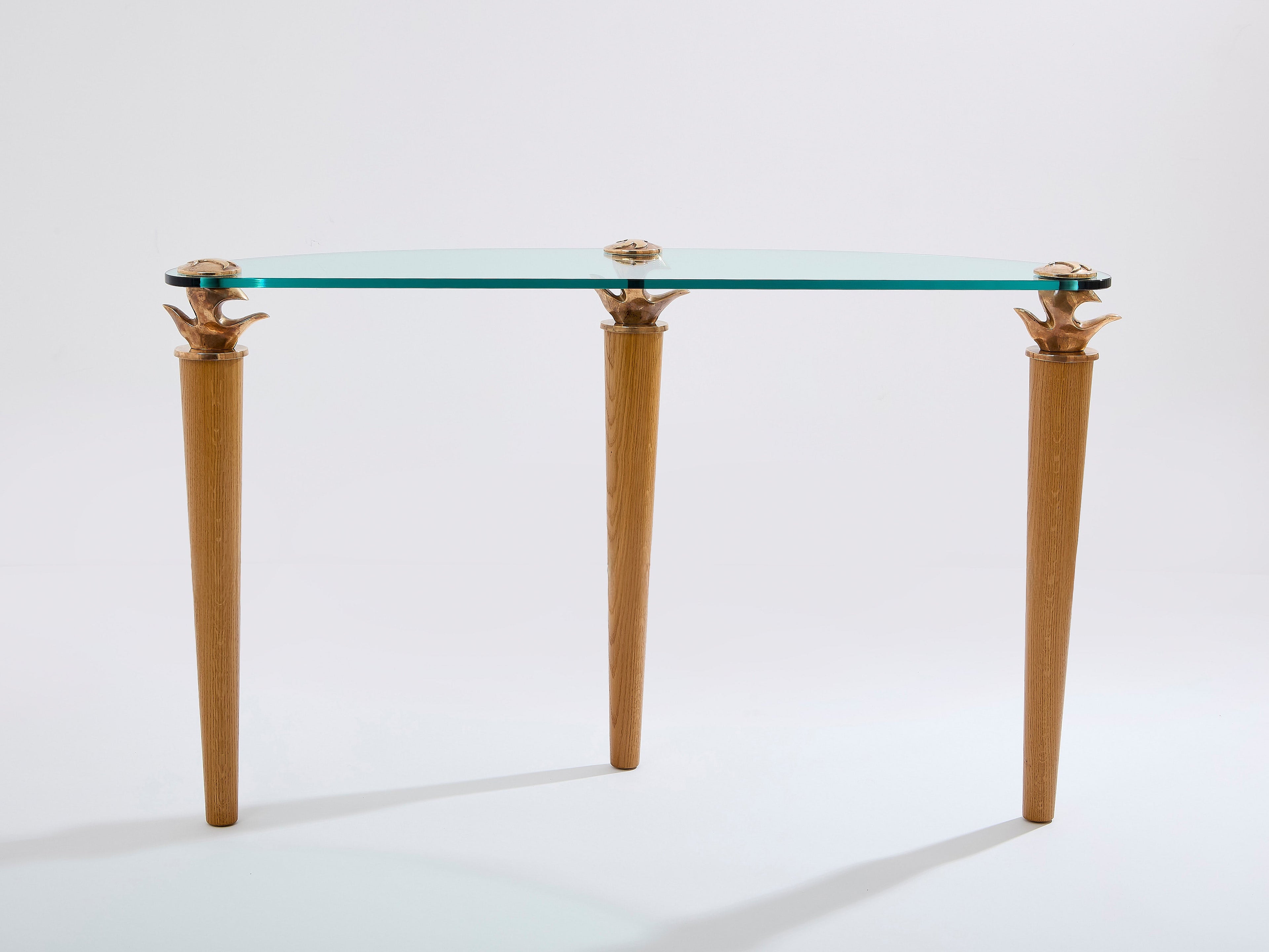 Garouste & Bonetti solid oak and bronze glass console table 1995