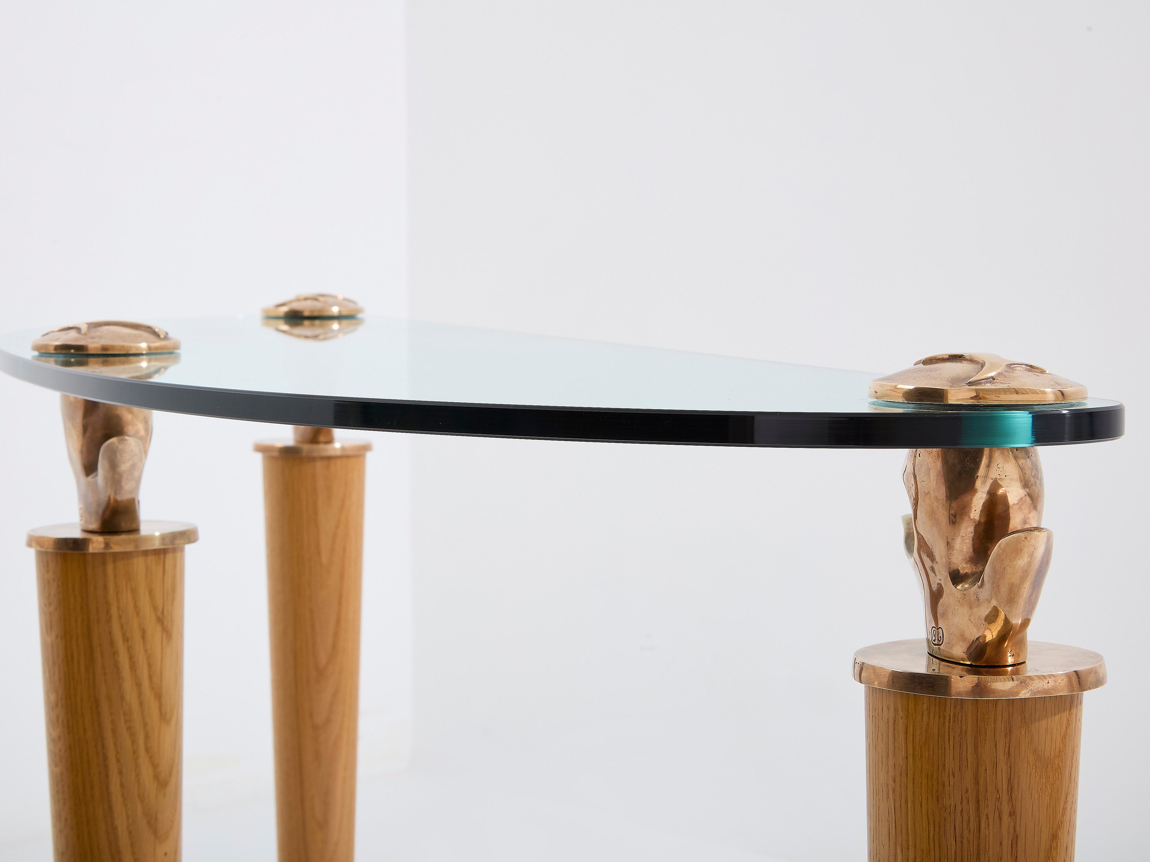 Garouste & Bonetti solid oak and bronze glass console table 1995
