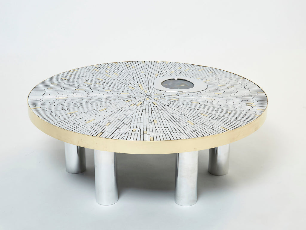 Georges Mathias chrome brass mosaic Coffee Table agate stone 1970