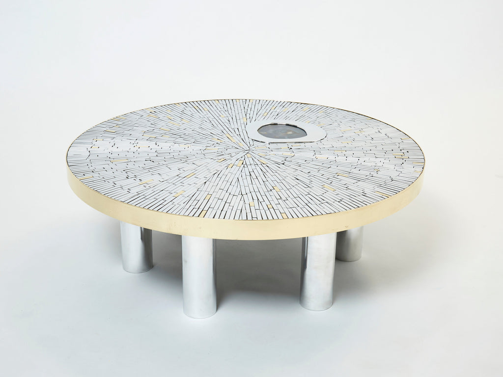 Georges Mathias chrome brass mosaic Coffee Table agate stone 1970
