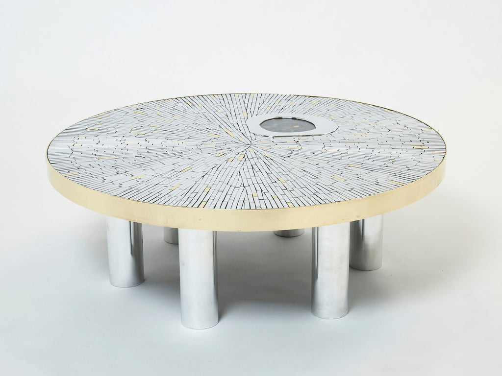 Georges Mathias chrome brass mosaic Coffee Table agate stone 1970