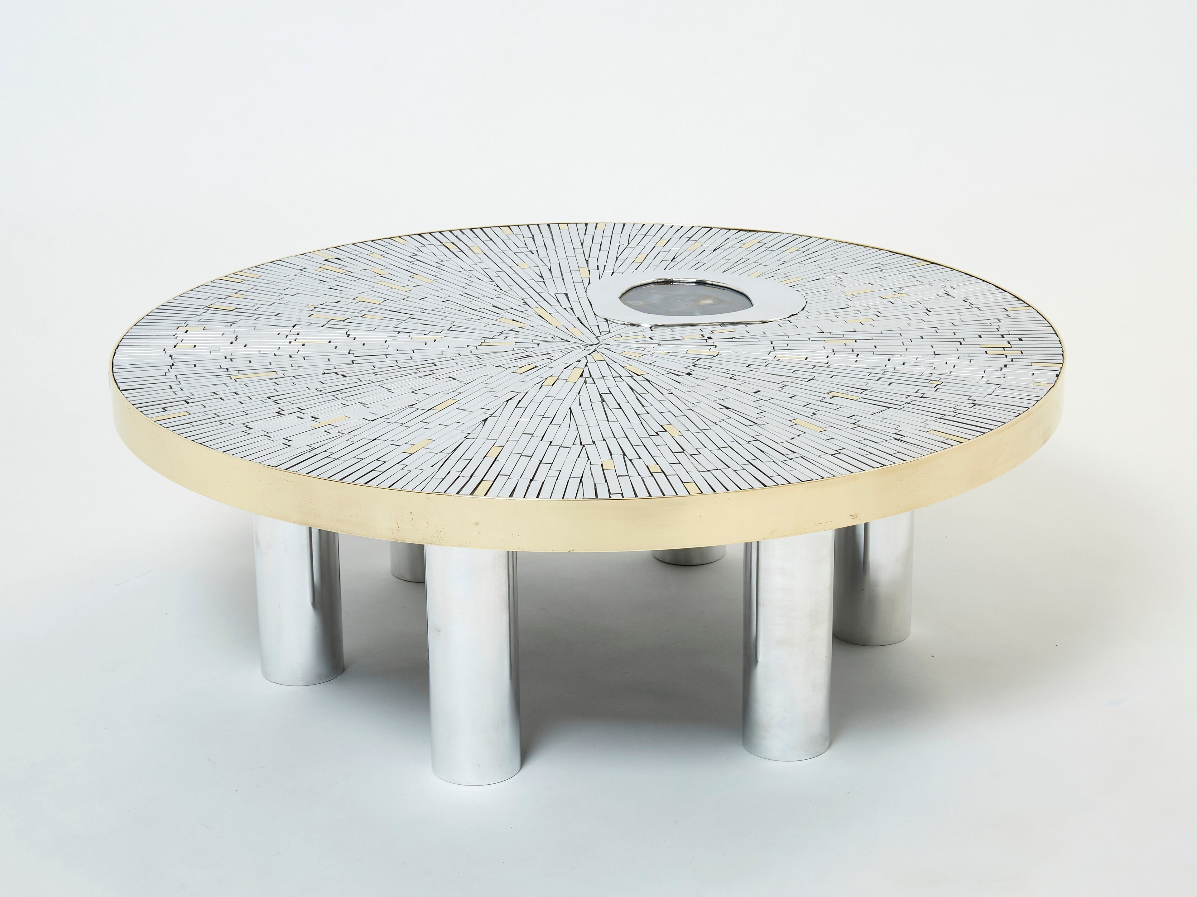 Georges Mathias chrome brass mosaic Coffee Table agate stone 1970