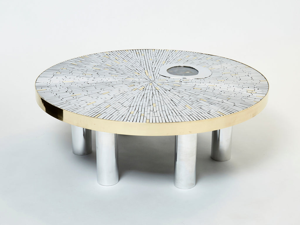 Georges Mathias chrome brass mosaic Coffee Table agate stone 1970