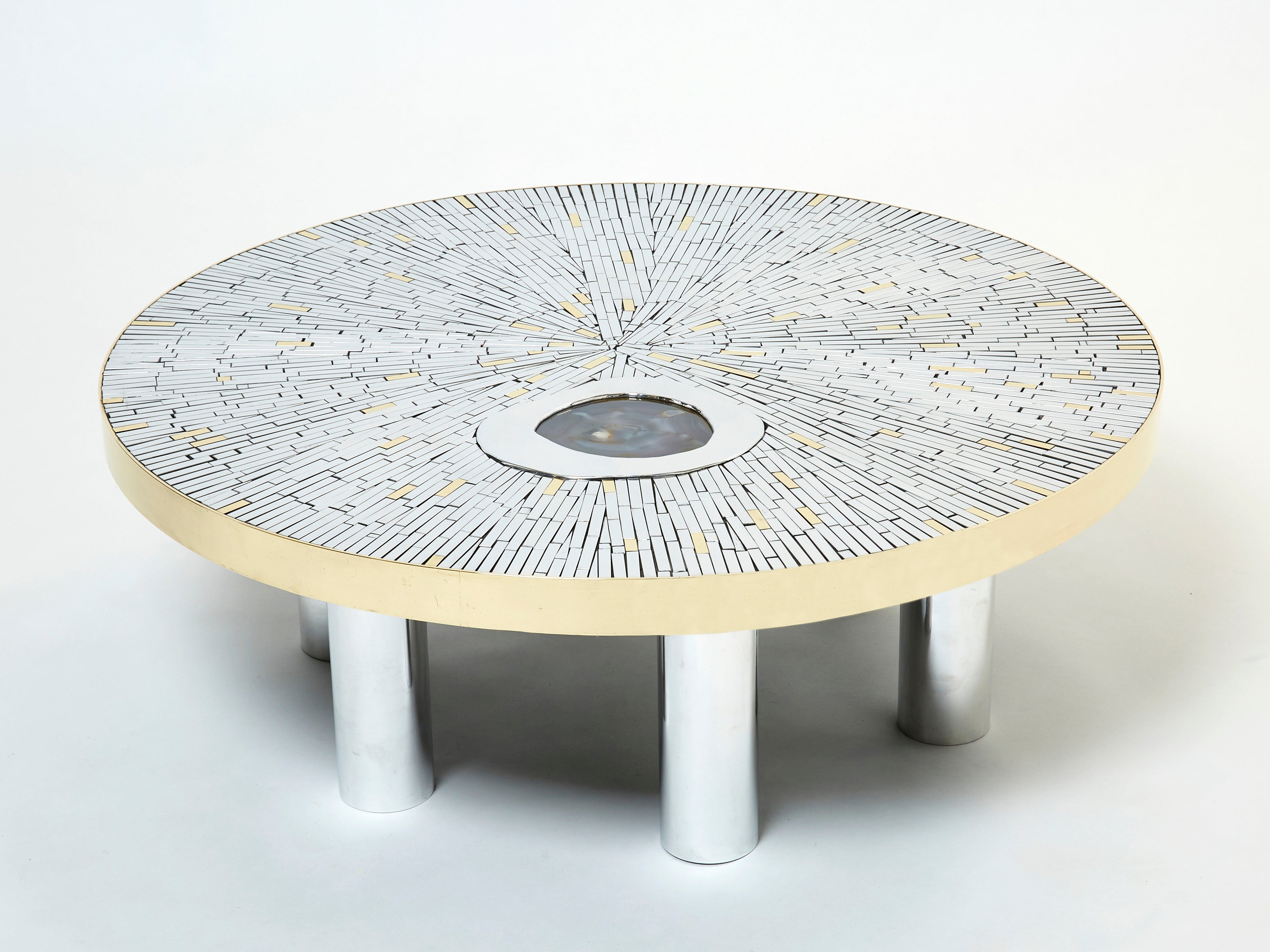 Georges Mathias chrome brass mosaic Coffee Table agate stone 1970