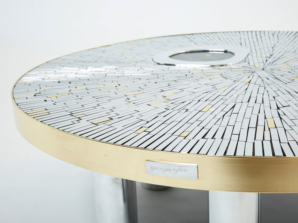Georges Mathias chrome brass mosaic Coffee Table agate stone 1970