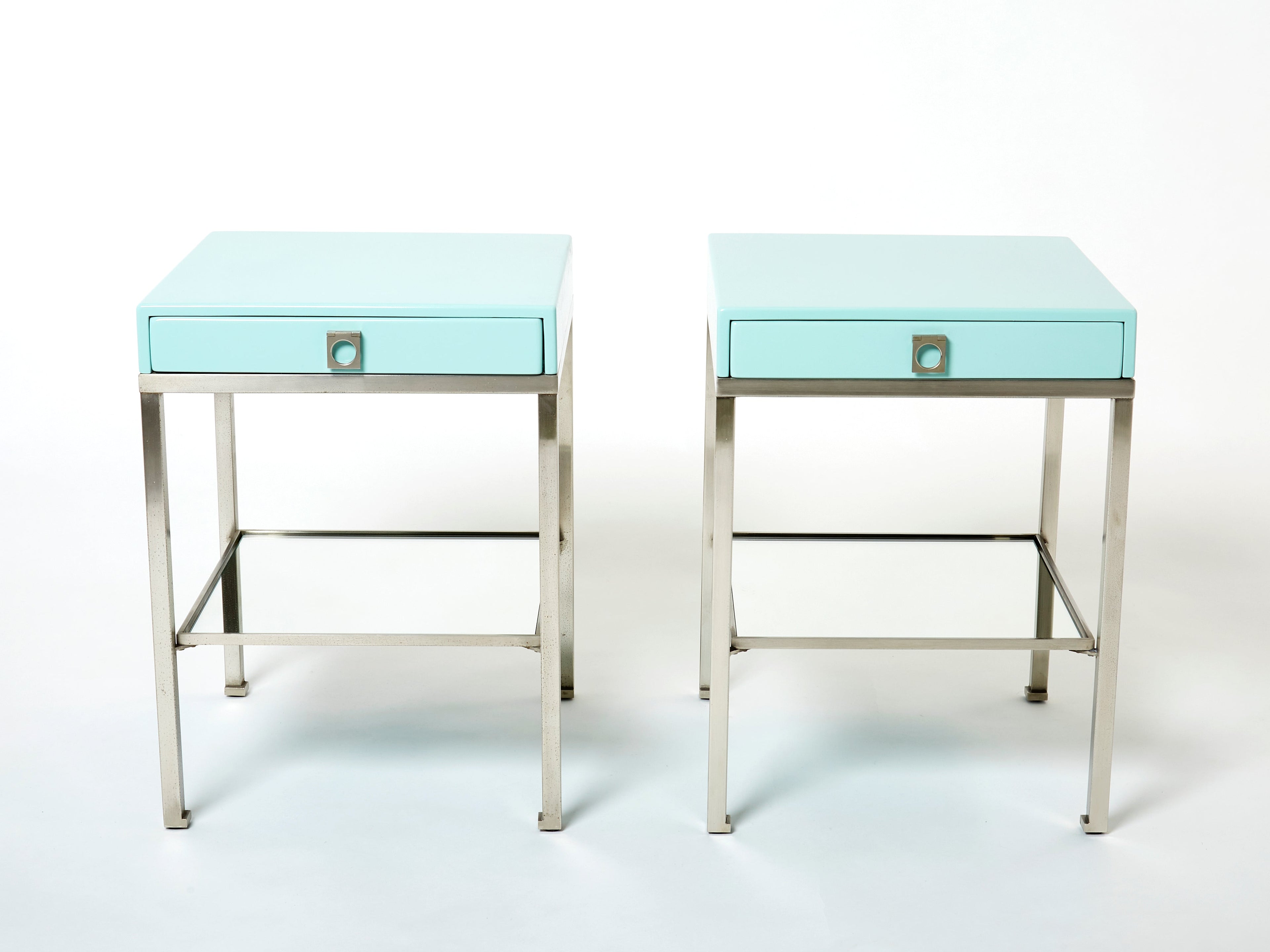 Blue lacquer steel end tables nighstands Guy Lefevre Maison Jansen 1970s