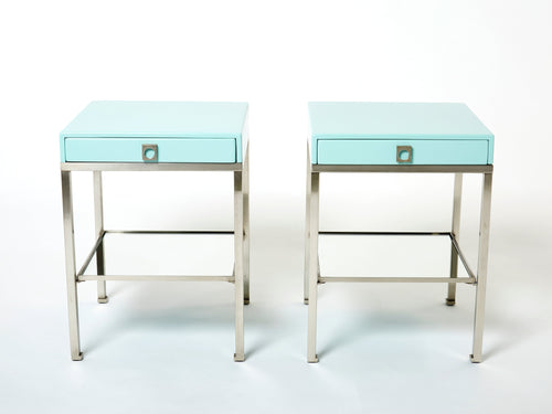 Blue lacquer steel end tables nighstands Guy Lefevre Maison Jansen 1970s
