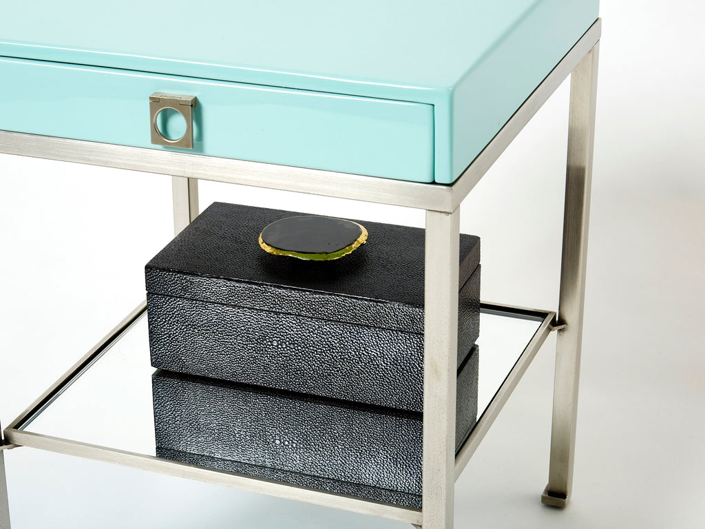 Blue lacquer steel end tables nighstands Guy Lefevre Maison Jansen 1970s