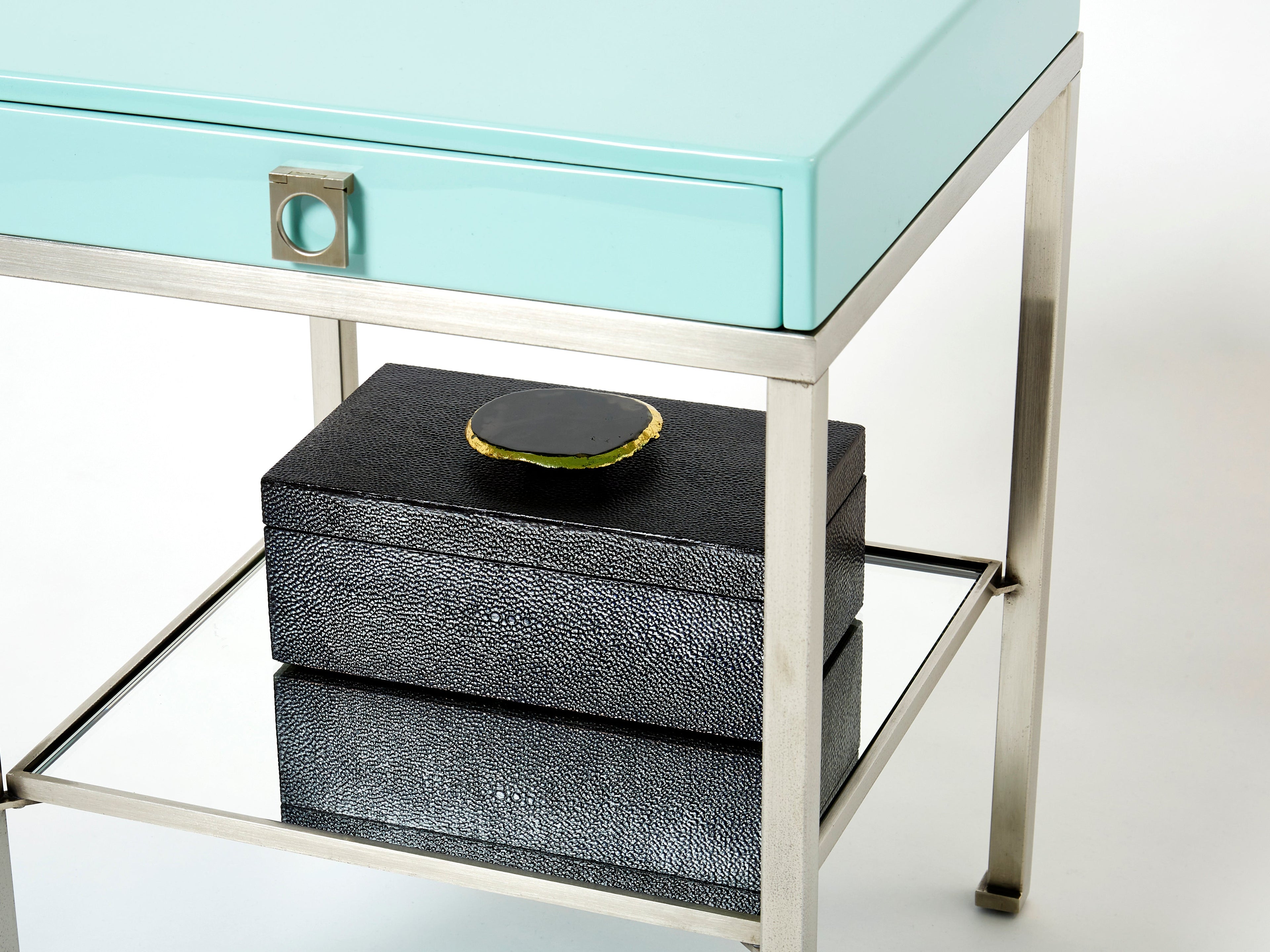 Blue lacquer steel end tables nighstands Guy Lefevre Maison Jansen 1970s