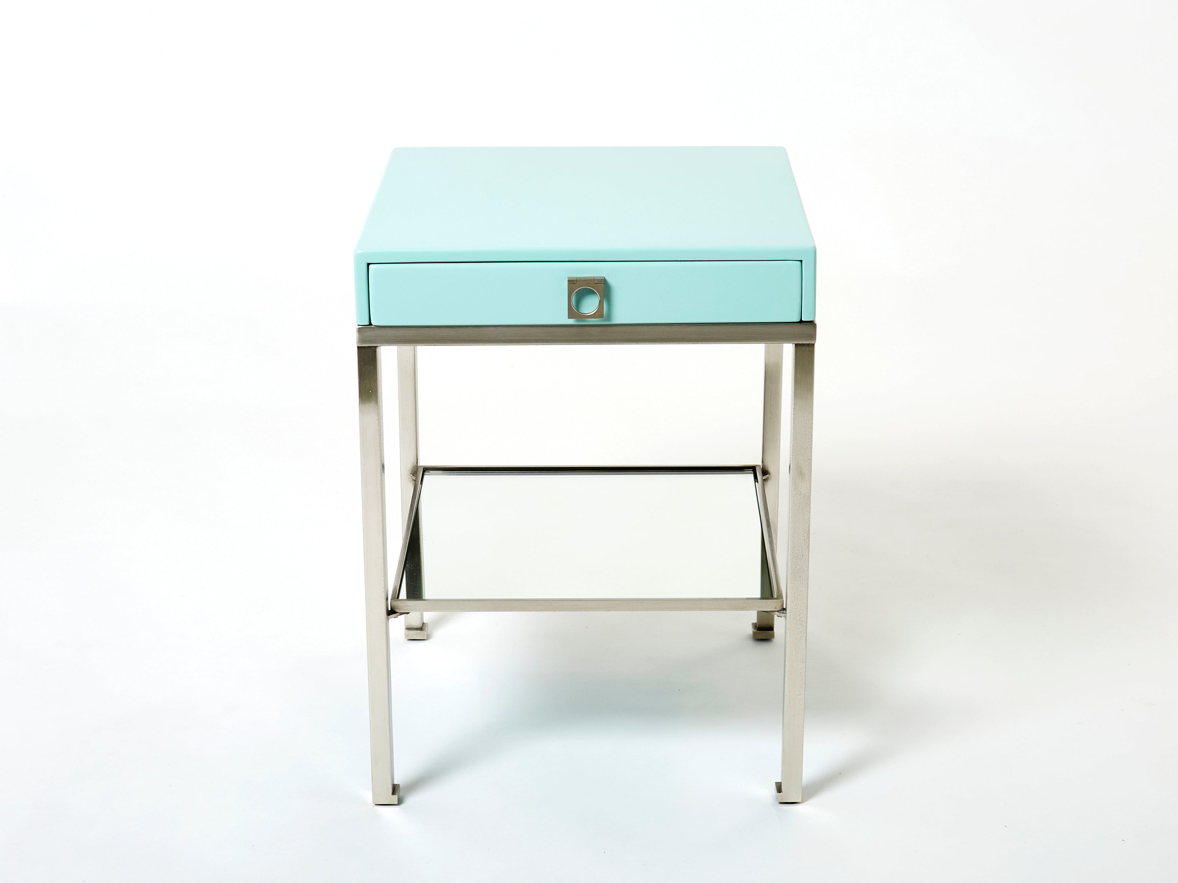 Blue lacquer steel end tables nighstands Guy Lefevre Maison Jansen 1970s