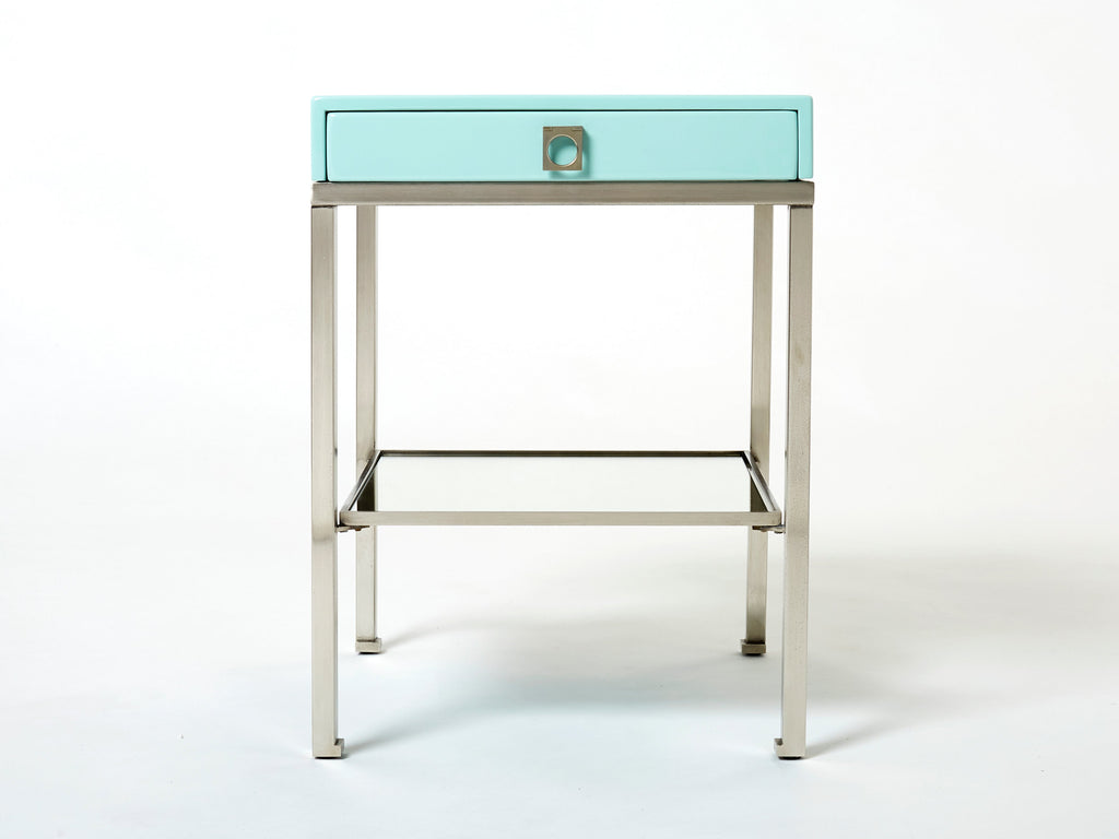 Blue lacquer steel end tables nighstands Guy Lefevre Maison Jansen 1970s