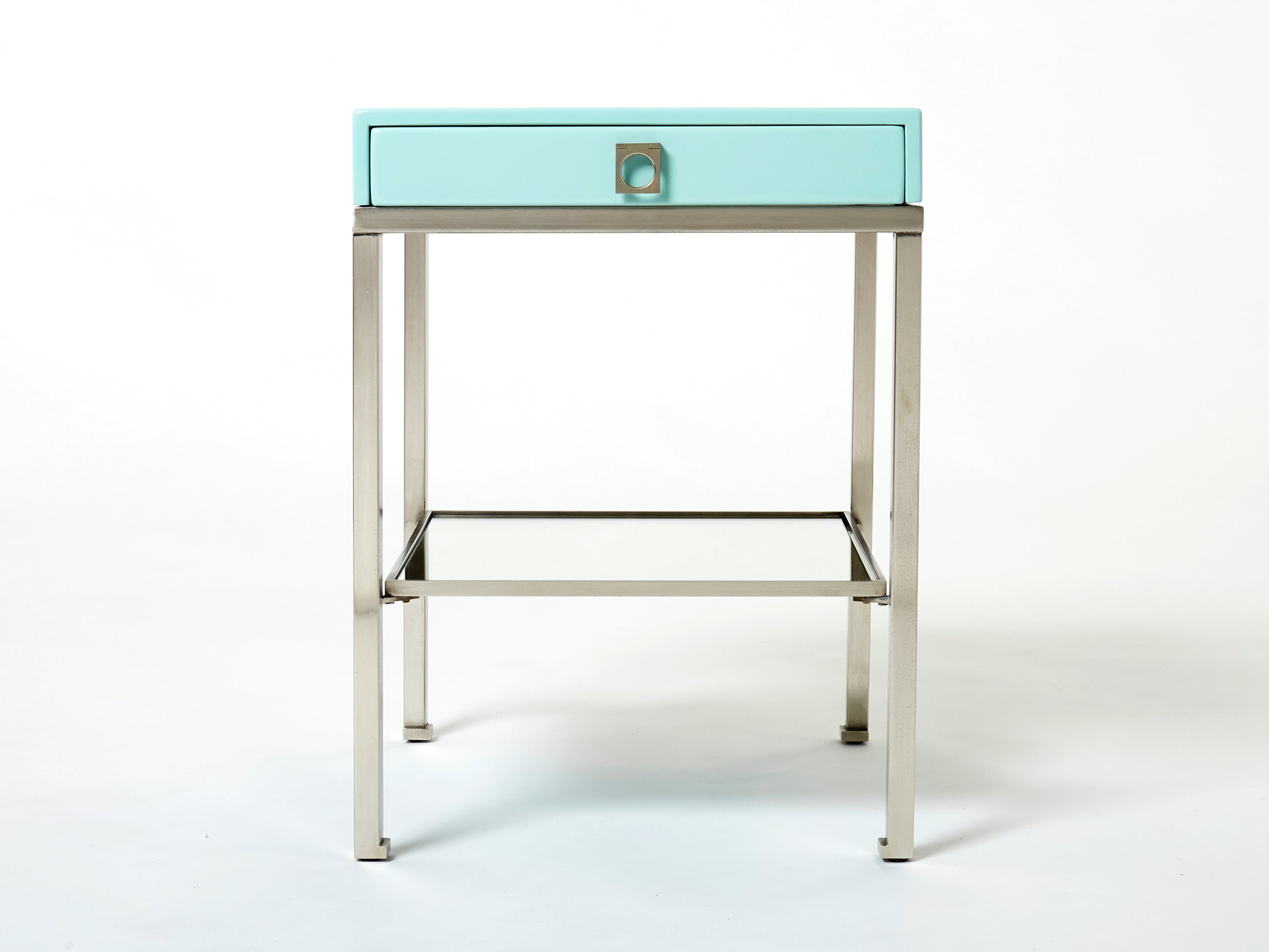 Blue lacquer steel end tables nighstands Guy Lefevre Maison Jansen 1970s
