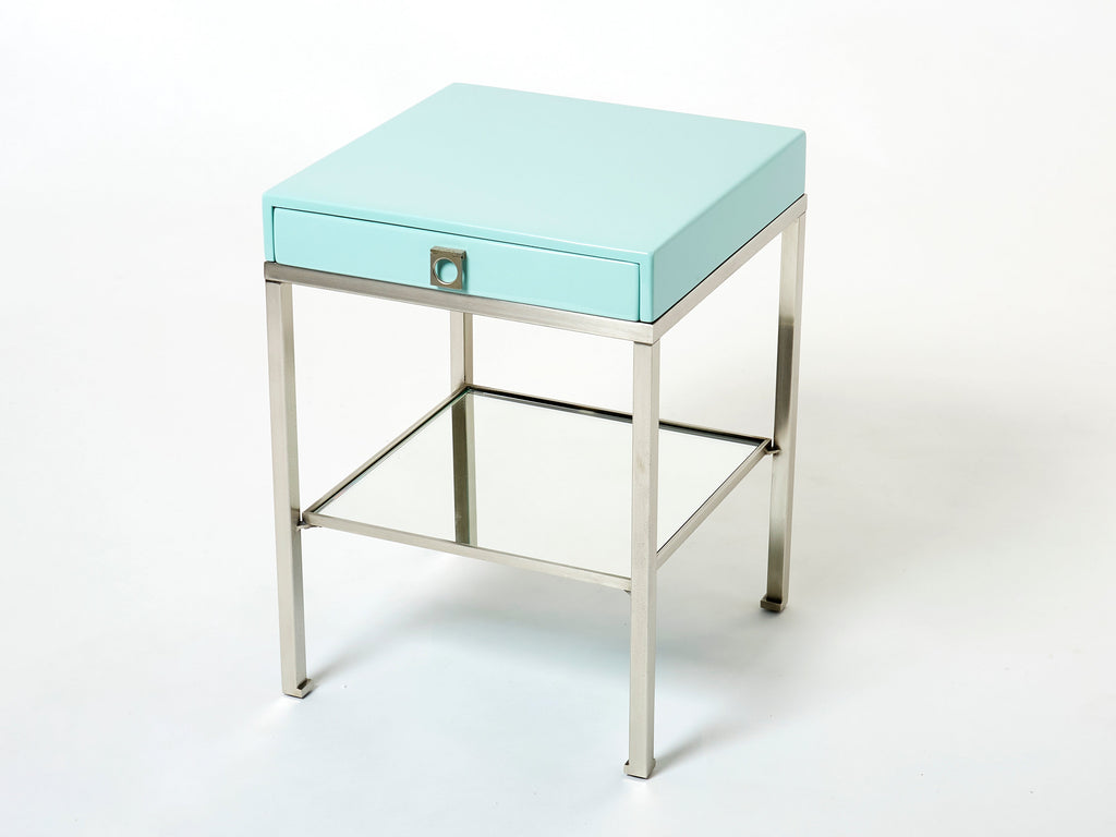 Blue lacquer steel end tables nighstands Guy Lefevre Maison Jansen 1970s